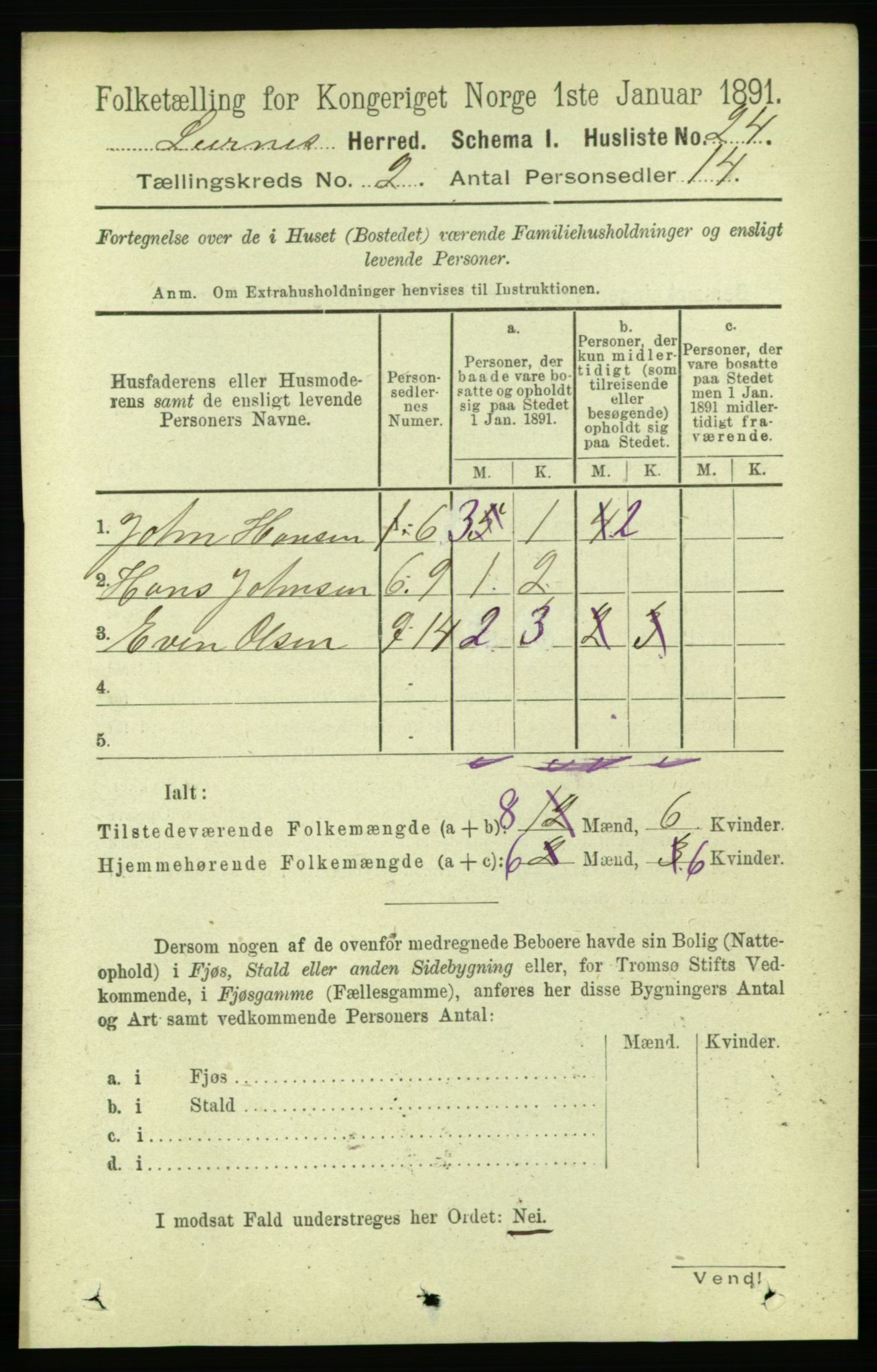 RA, 1891 census for 1737 Lierne, 1891, p. 525