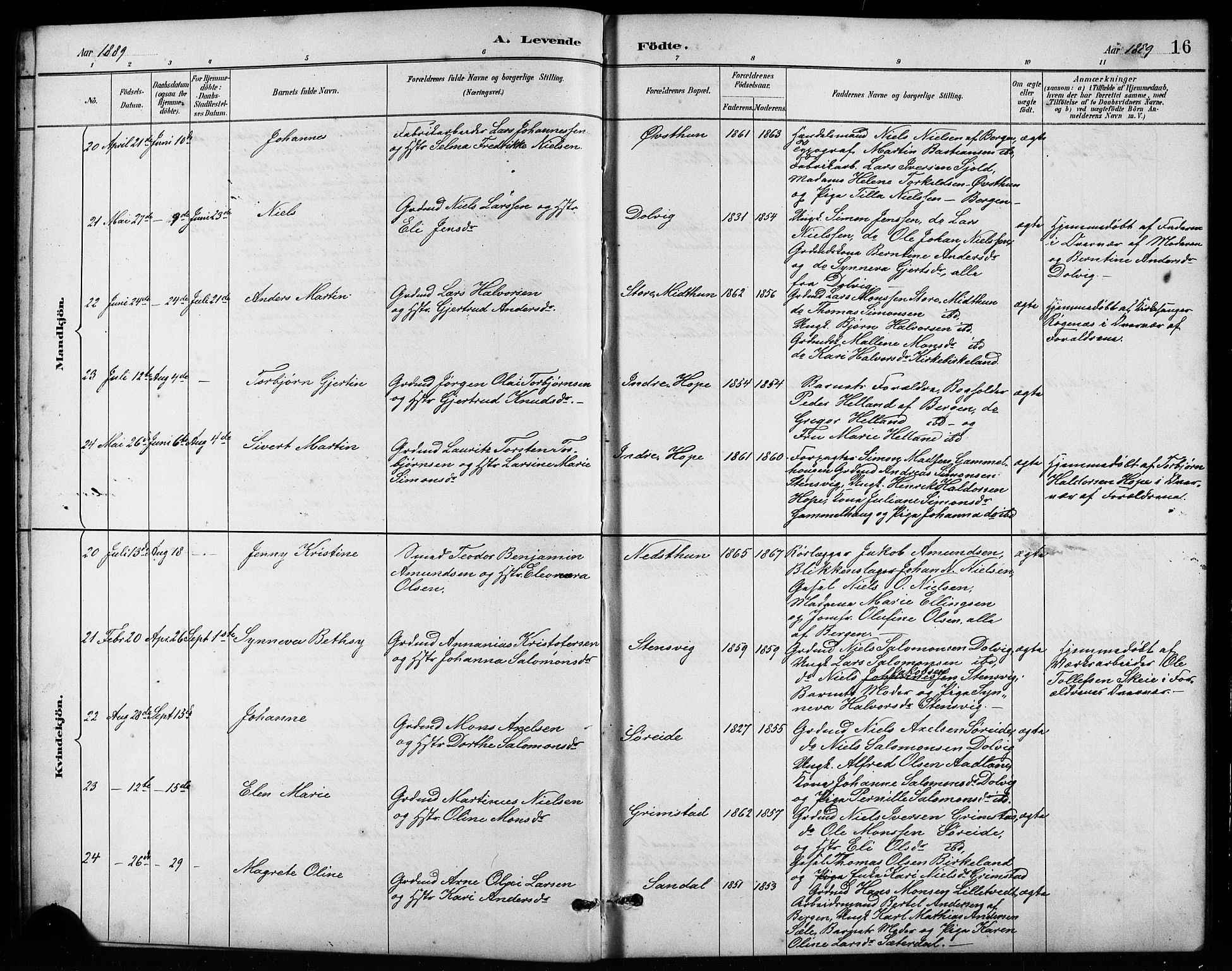 Birkeland Sokneprestembete, AV/SAB-A-74601/H/Hab: Parish register (copy) no. A 4, 1888-1897, p. 16