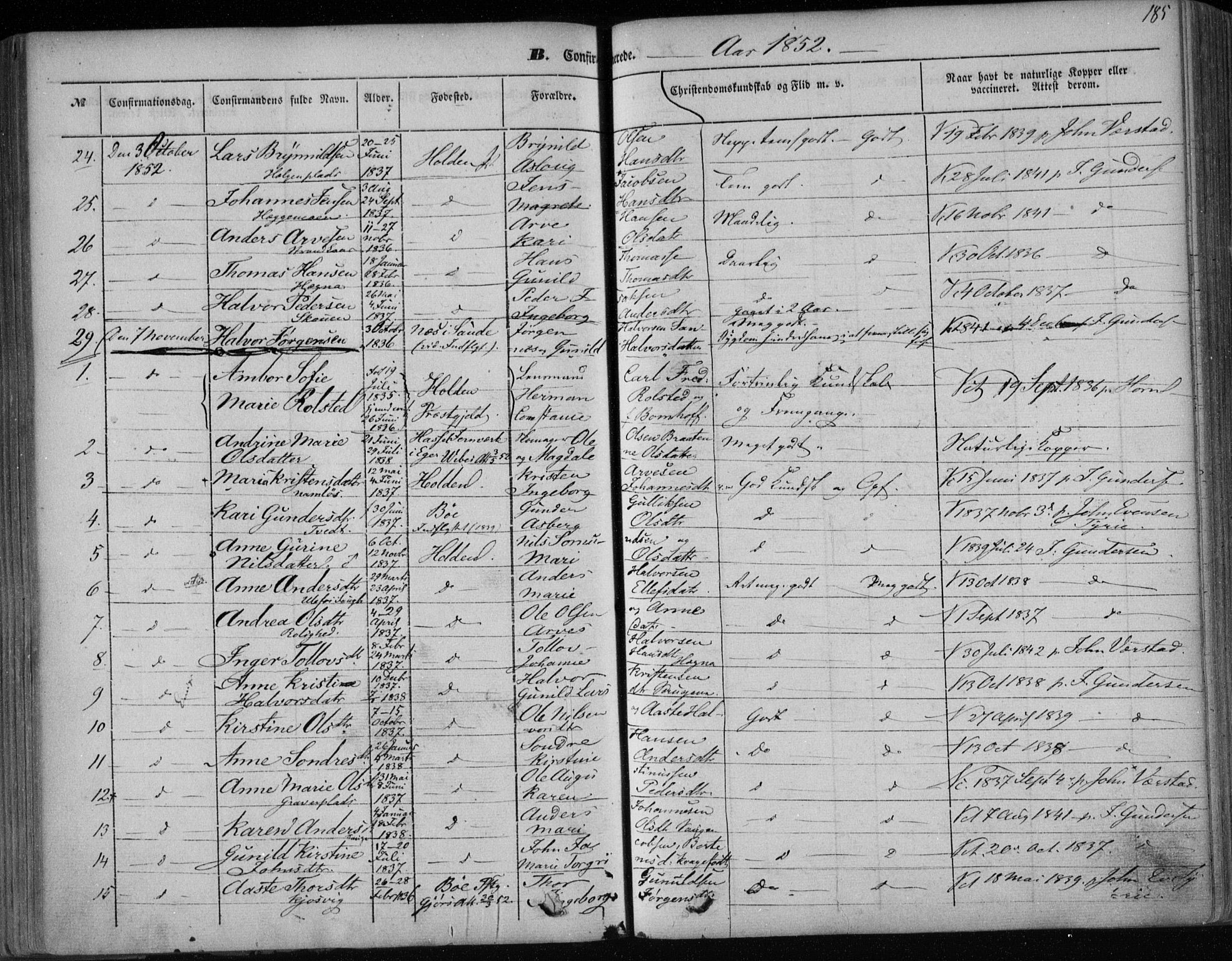 Holla kirkebøker, SAKO/A-272/F/Fa/L0005: Parish register (official) no. 5, 1849-1860, p. 185