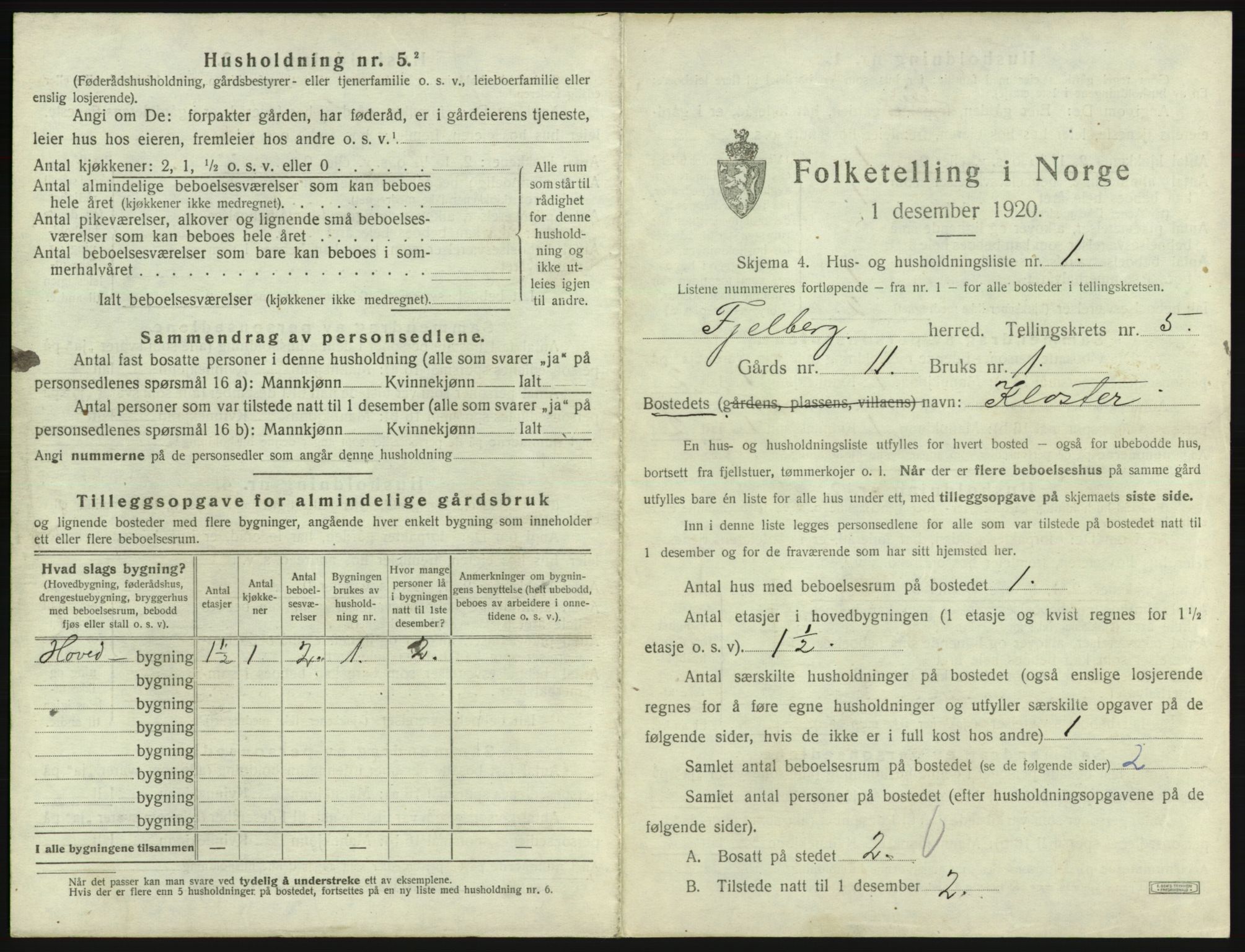 SAB, 1920 census for Fjelberg, 1920, p. 225