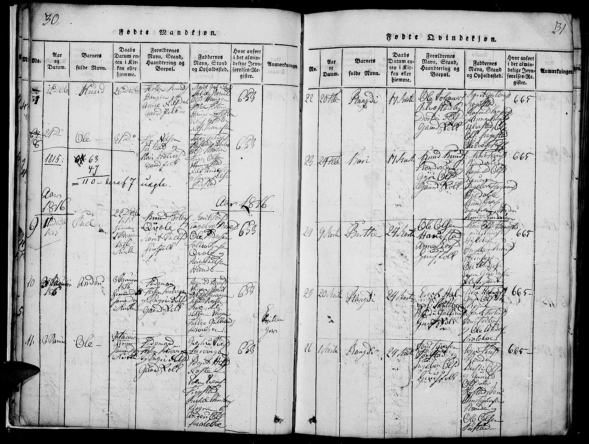Slidre prestekontor, SAH/PREST-134/H/Ha/Haa/L0002: Parish register (official) no. 2, 1814-1830, p. 30-31
