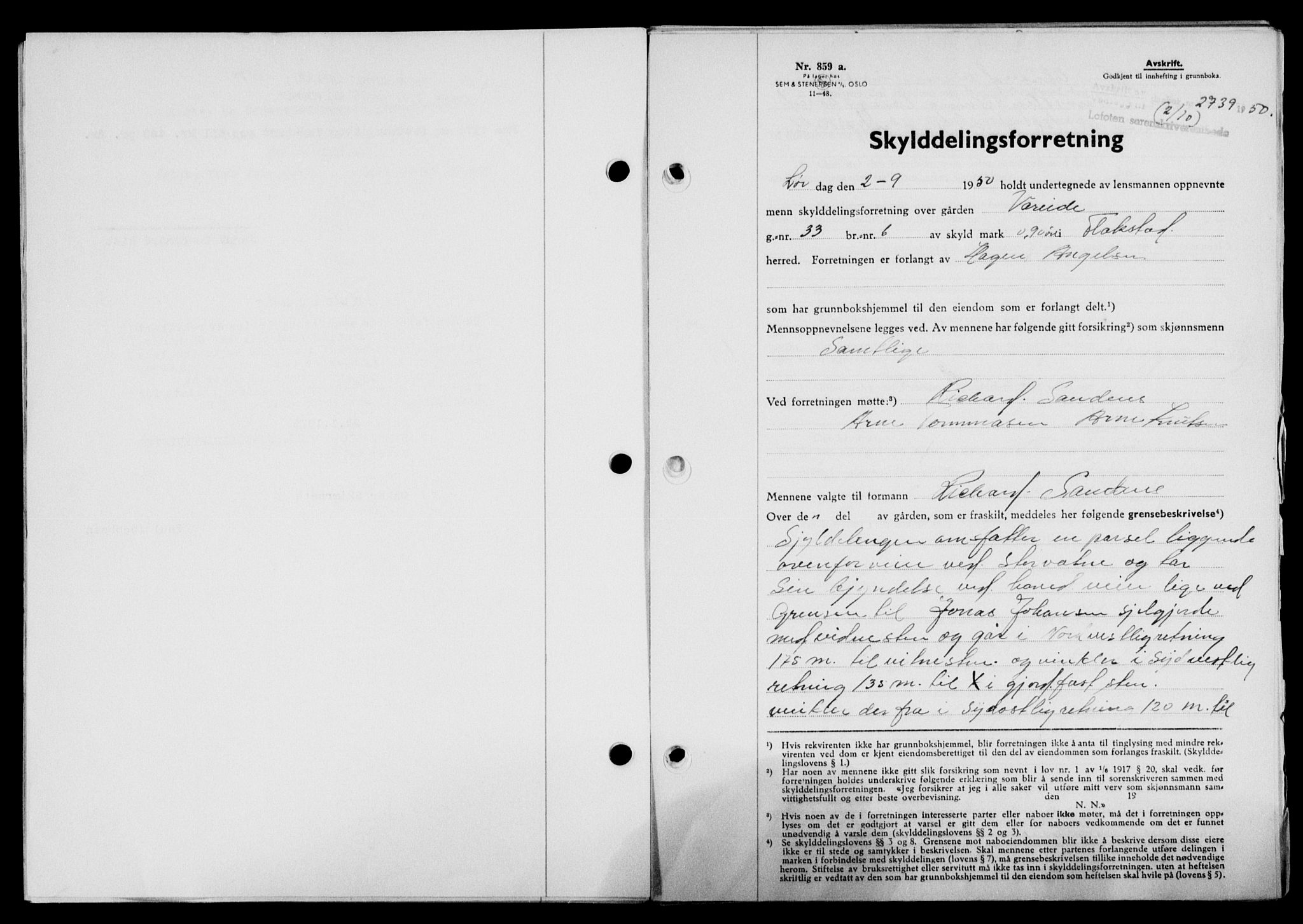 Lofoten sorenskriveri, SAT/A-0017/1/2/2C/L0024a: Mortgage book no. 24a, 1950-1950, Diary no: : 2739/1950