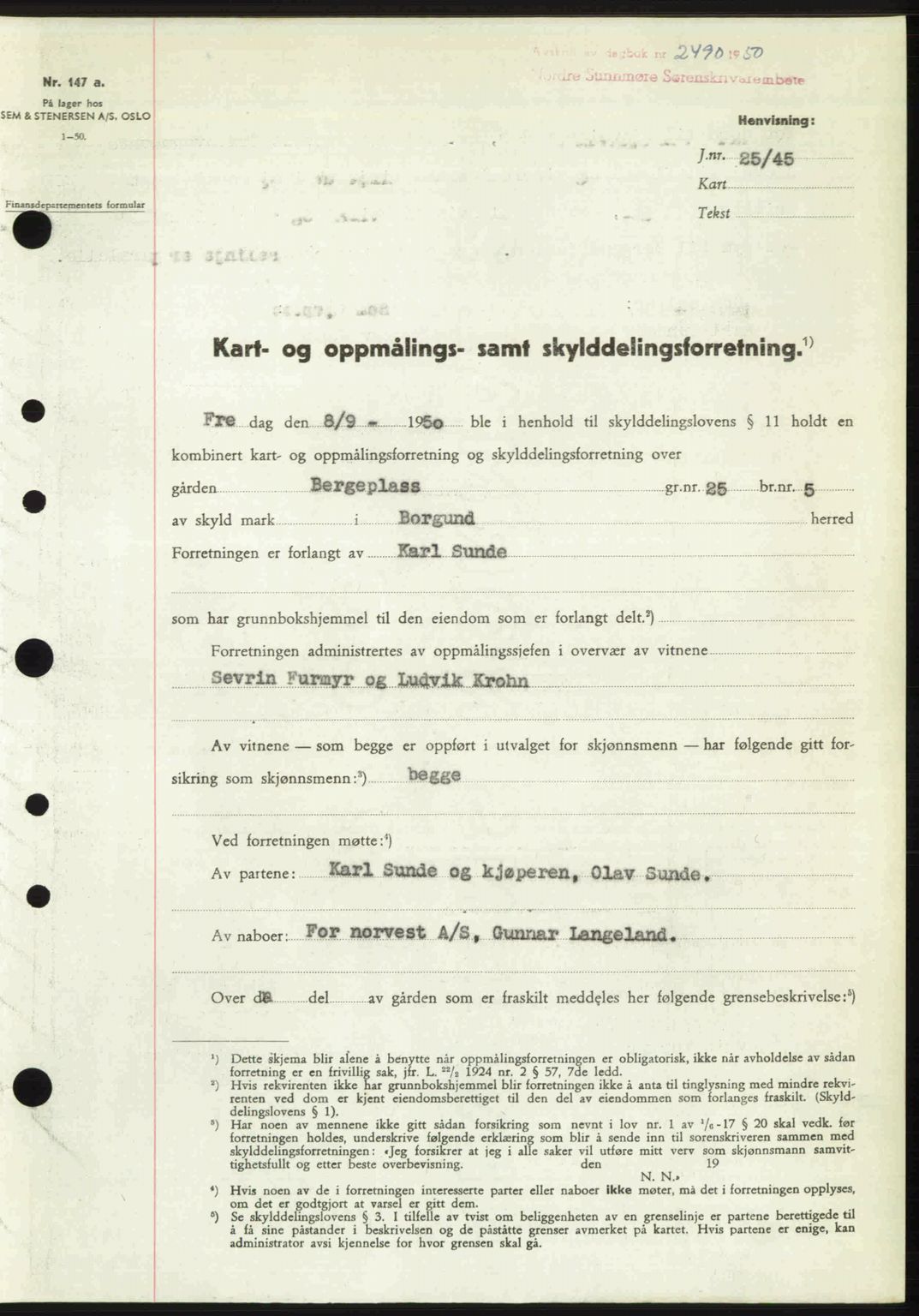 Nordre Sunnmøre sorenskriveri, AV/SAT-A-0006/1/2/2C/2Ca: Mortgage book no. A36, 1950-1950, Diary no: : 2490/1950