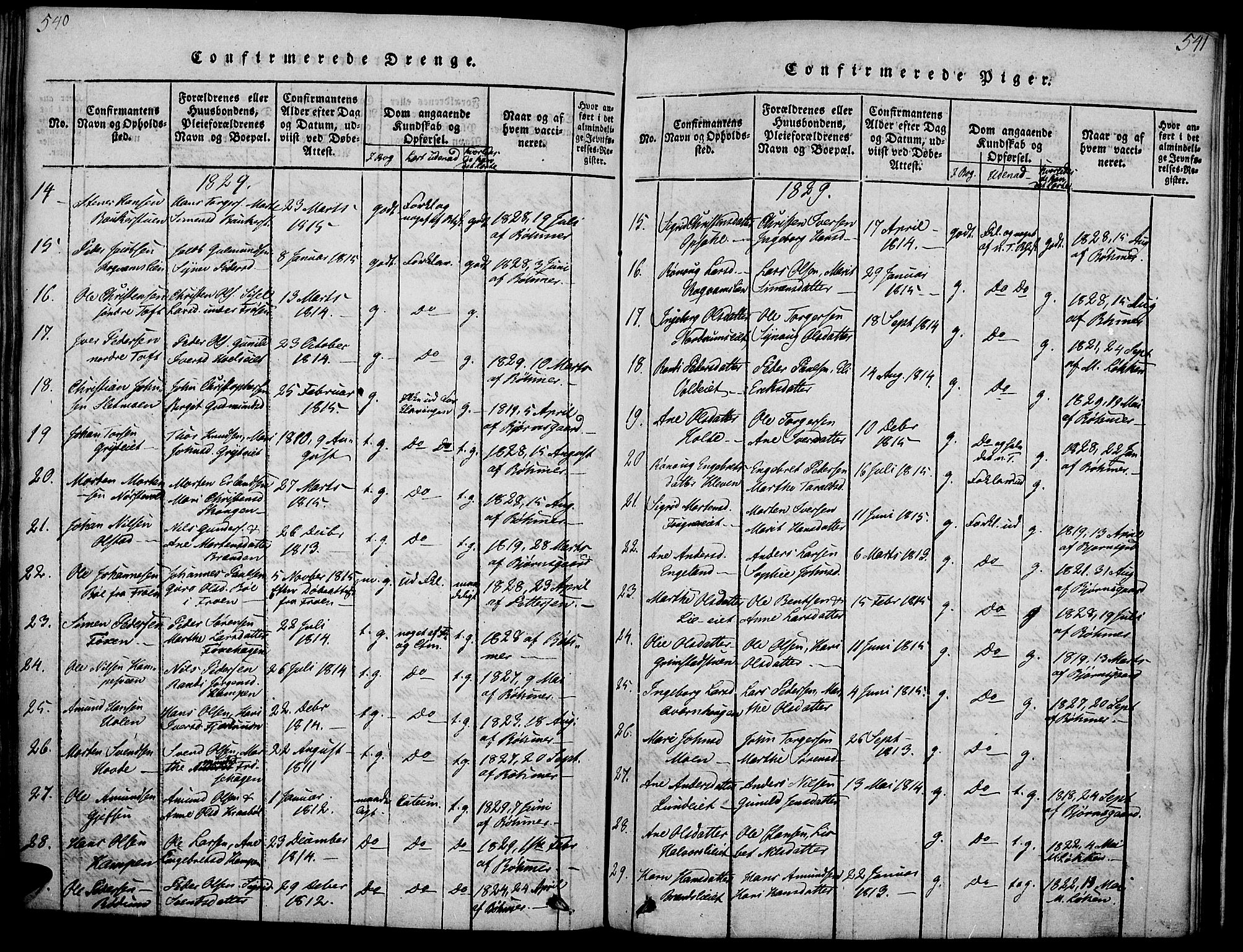 Gausdal prestekontor, SAH/PREST-090/H/Ha/Haa/L0005: Parish register (official) no. 5, 1817-1829, p. 540-541