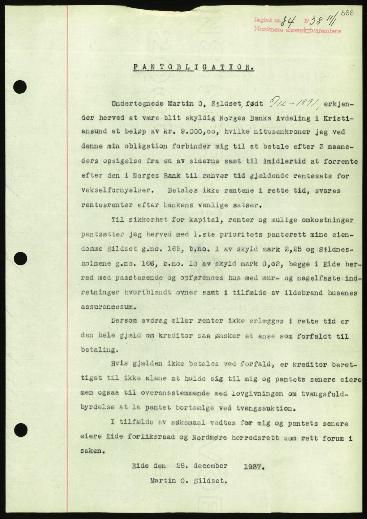 Nordmøre sorenskriveri, AV/SAT-A-4132/1/2/2Ca/L0092: Mortgage book no. B82, 1937-1938, Diary no: : 84/1938