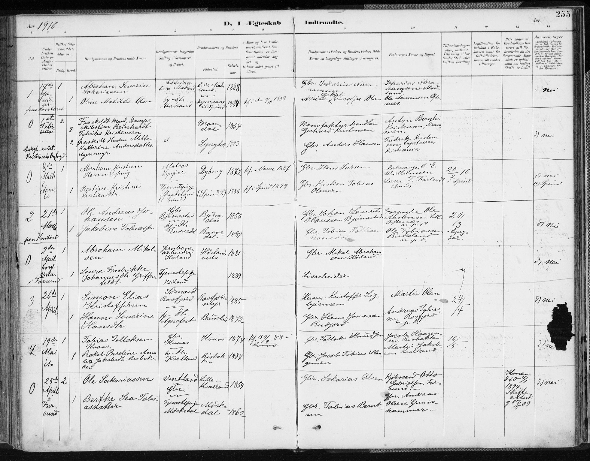 Lyngdal sokneprestkontor, AV/SAK-1111-0029/F/Fa/Fac/L0012: Parish register (official) no. A 12, 1894-1918, p. 255