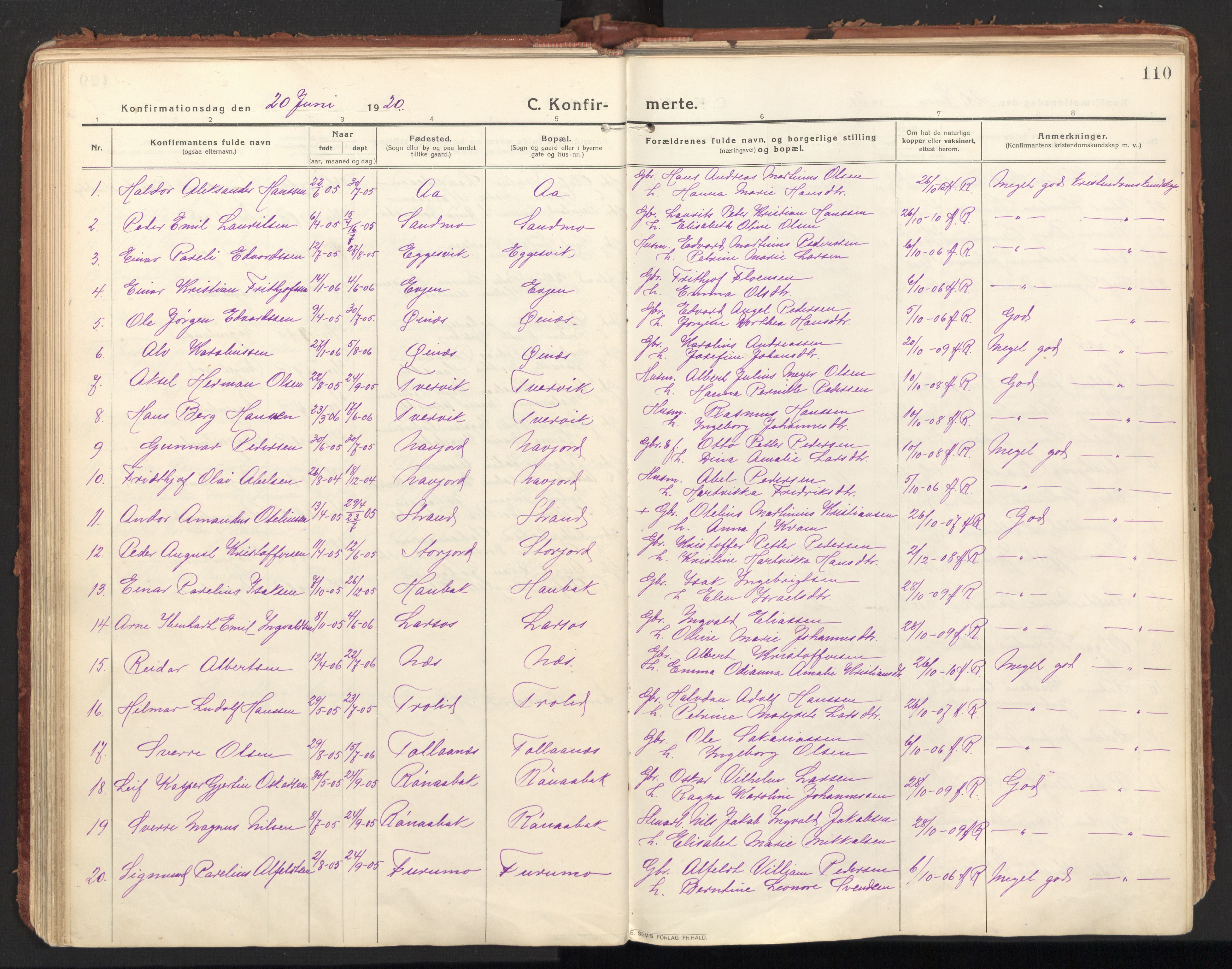 Ministerialprotokoller, klokkerbøker og fødselsregistre - Nordland, AV/SAT-A-1459/846/L0650: Parish register (official) no. 846A08, 1916-1935, p. 110