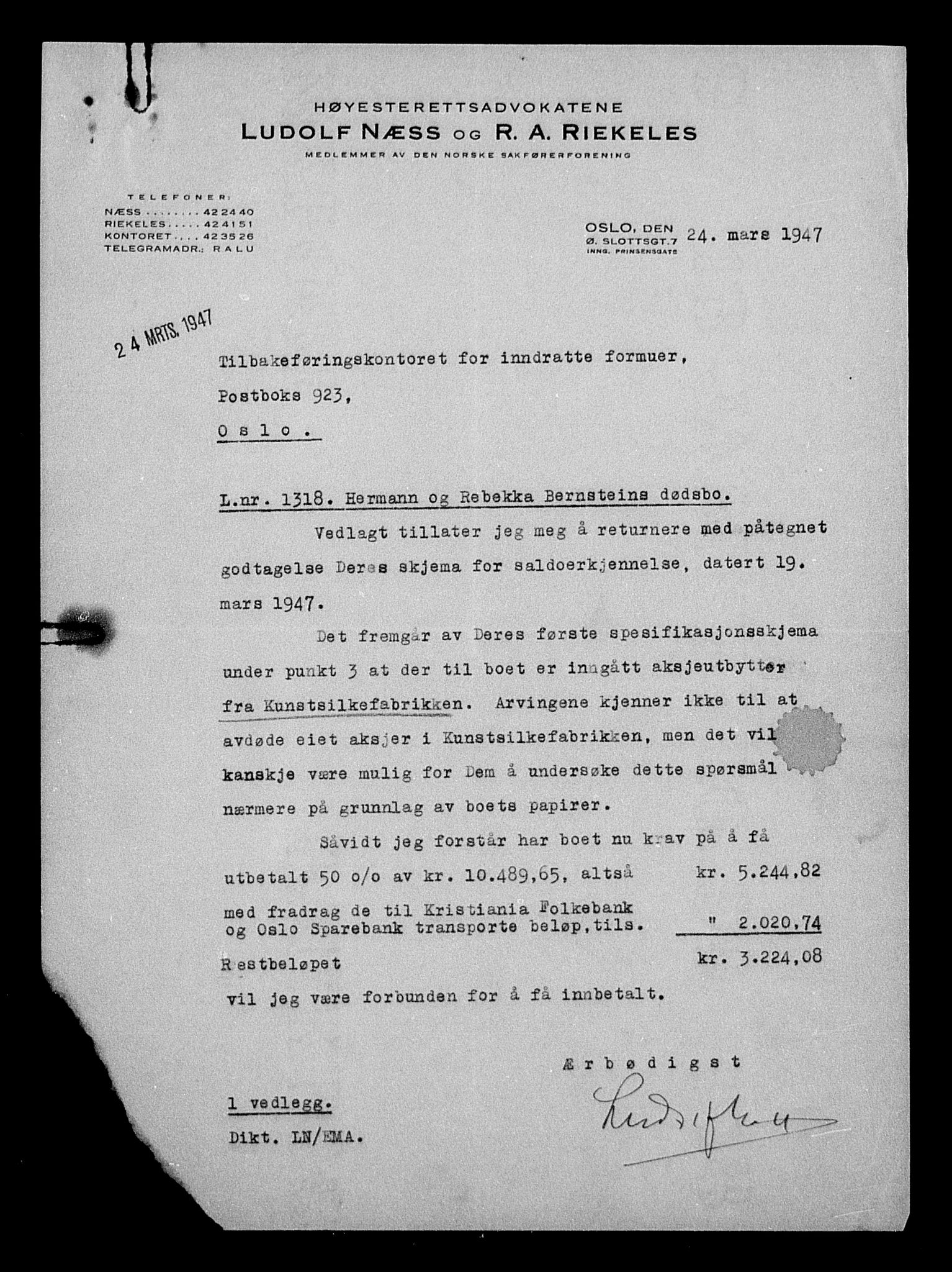 Justisdepartementet, Tilbakeføringskontoret for inndratte formuer, RA/S-1564/H/Hc/Hcc/L0922: --, 1945-1947, p. 350