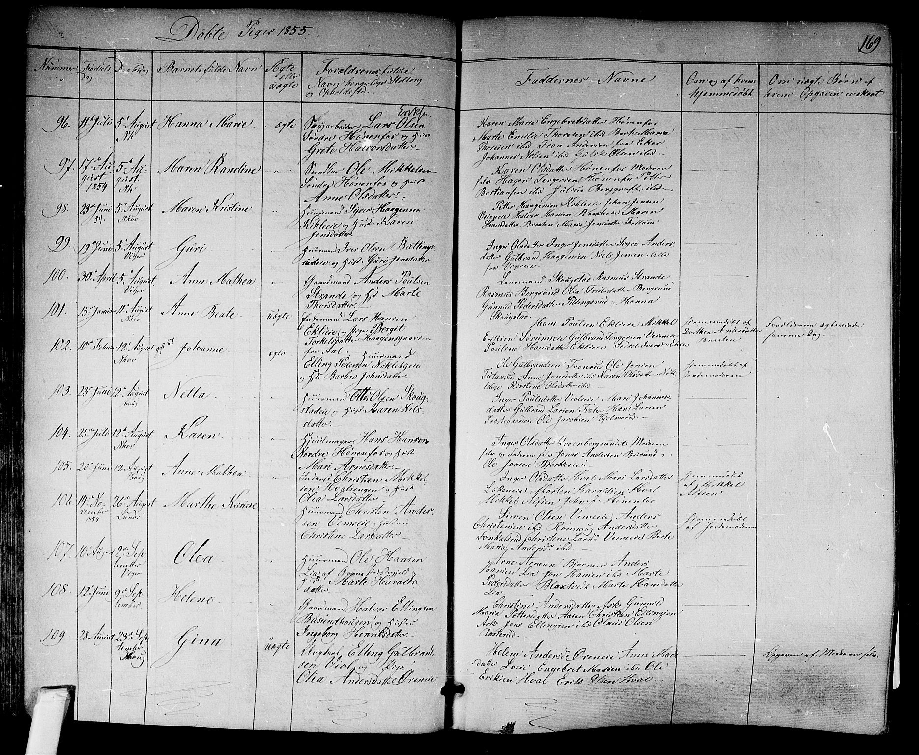 Norderhov kirkebøker, SAKO/A-237/F/Fa/L0011: Parish register (official) no. 11, 1847-1856, p. 169