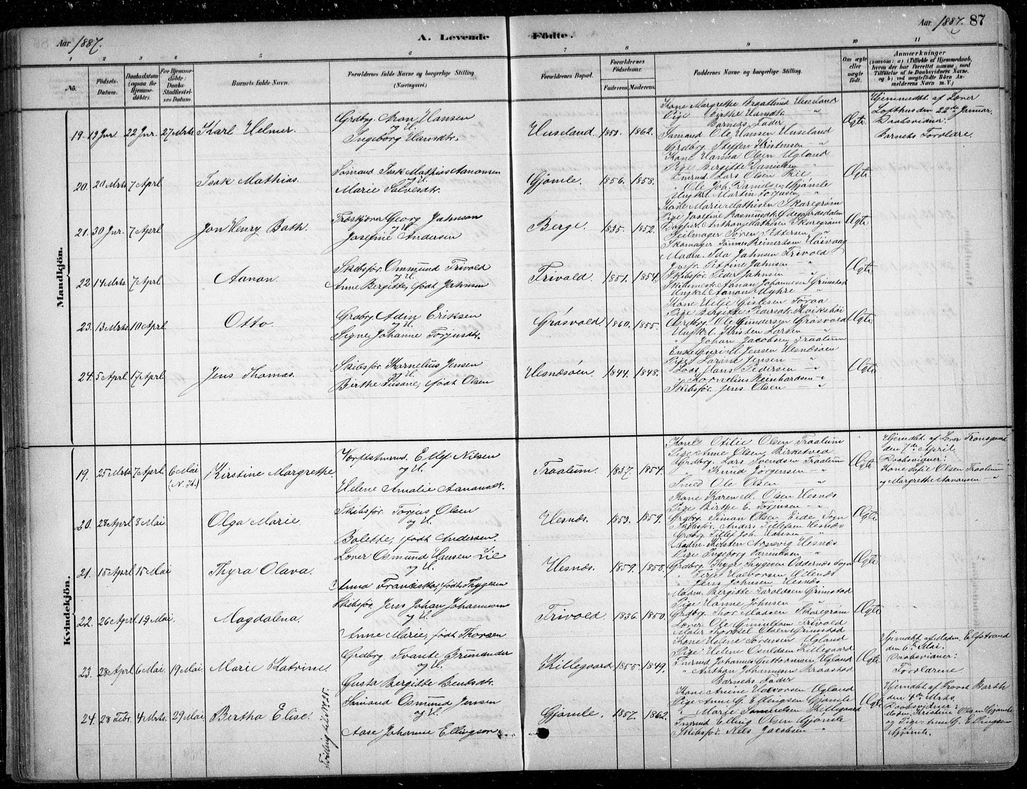 Fjære sokneprestkontor, SAK/1111-0011/F/Fb/L0011: Parish register (copy) no. B 11, 1881-1905, p. 87