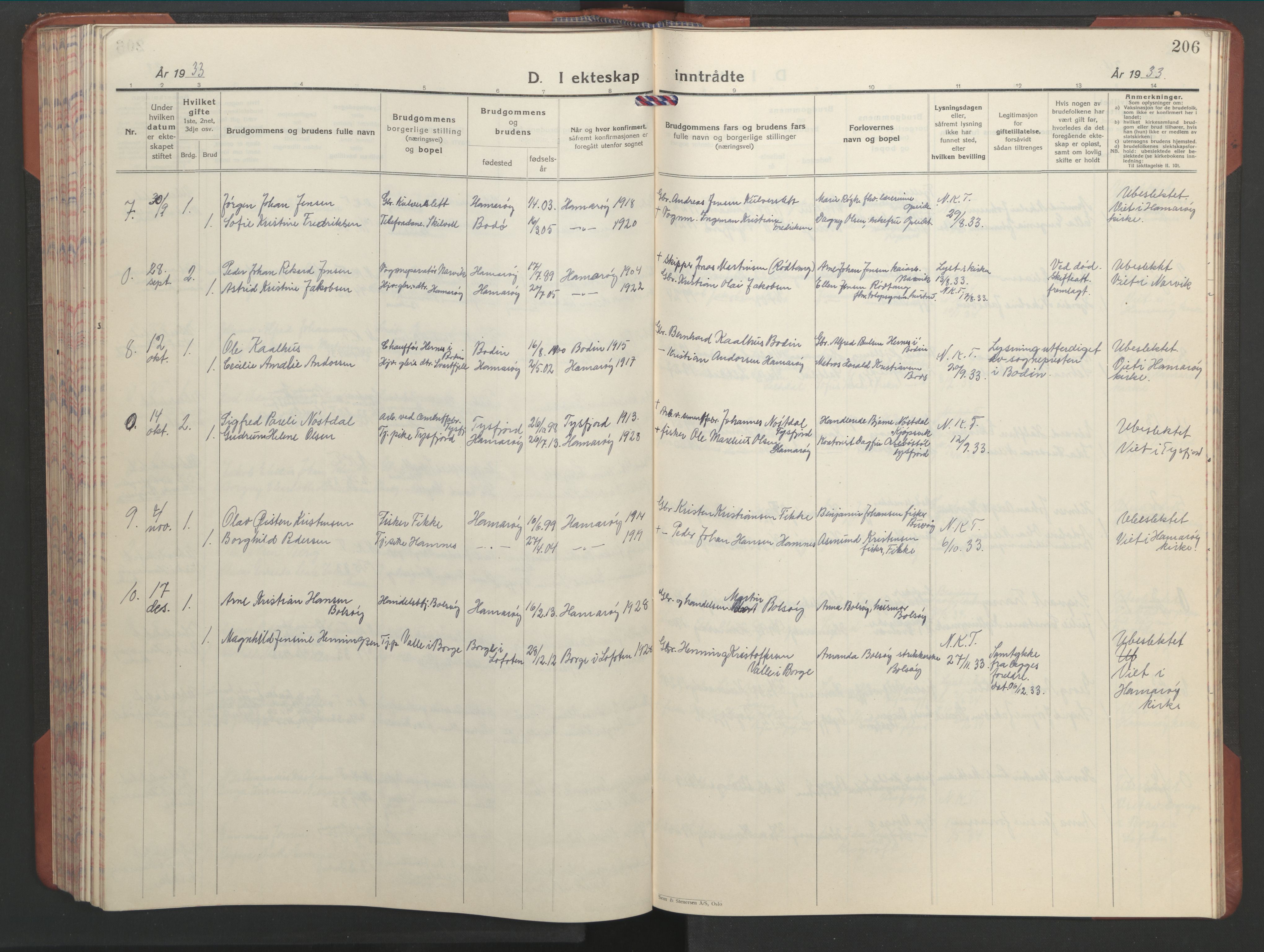 Ministerialprotokoller, klokkerbøker og fødselsregistre - Nordland, AV/SAT-A-1459/859/L0862: Parish register (copy) no. 859C08, 1925-1936, p. 206