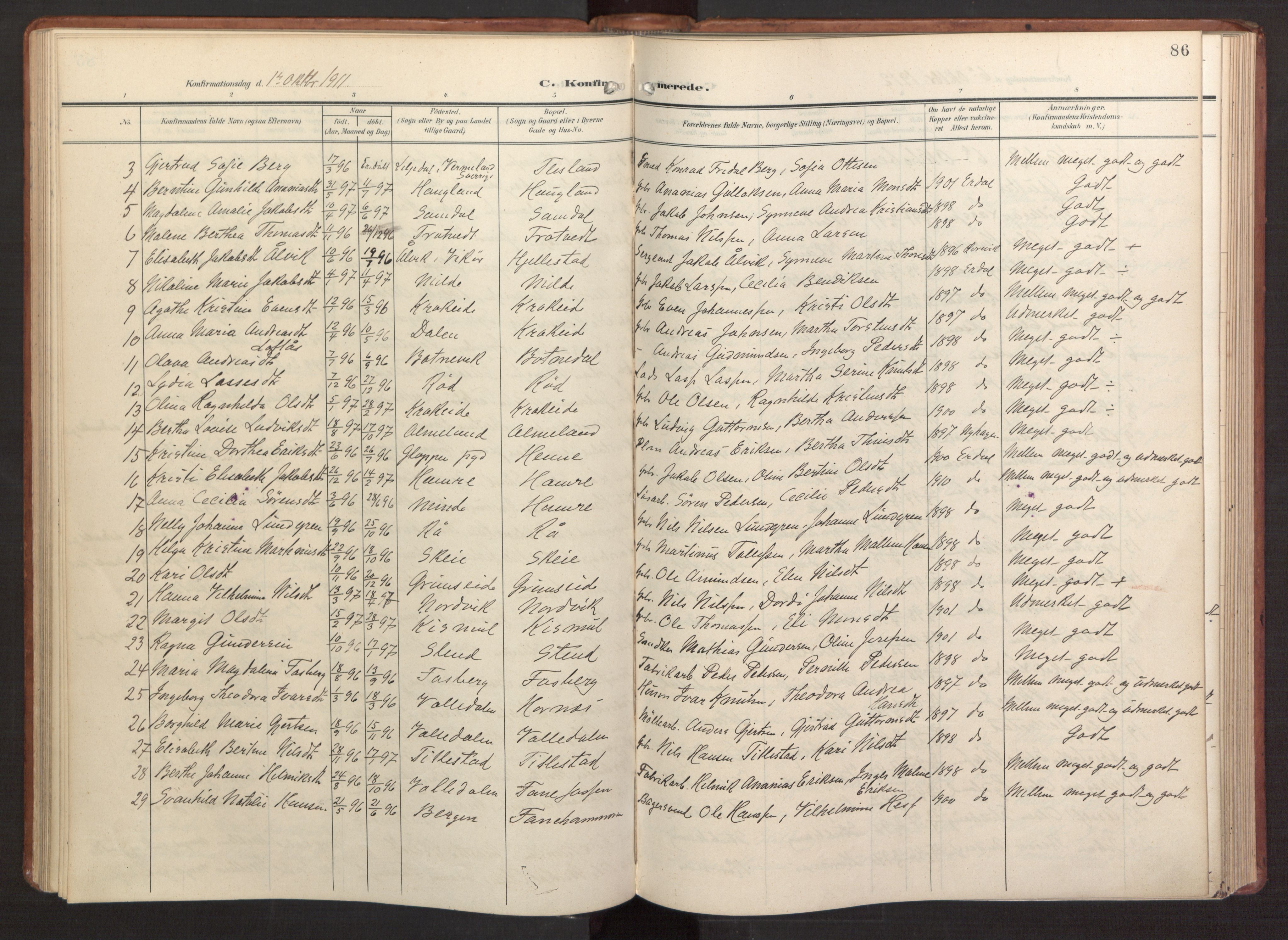 Fana Sokneprestembete, AV/SAB-A-75101/H/Haa/Haab/L0004: Parish register (official) no. B 4, 1908-1915, p. 86