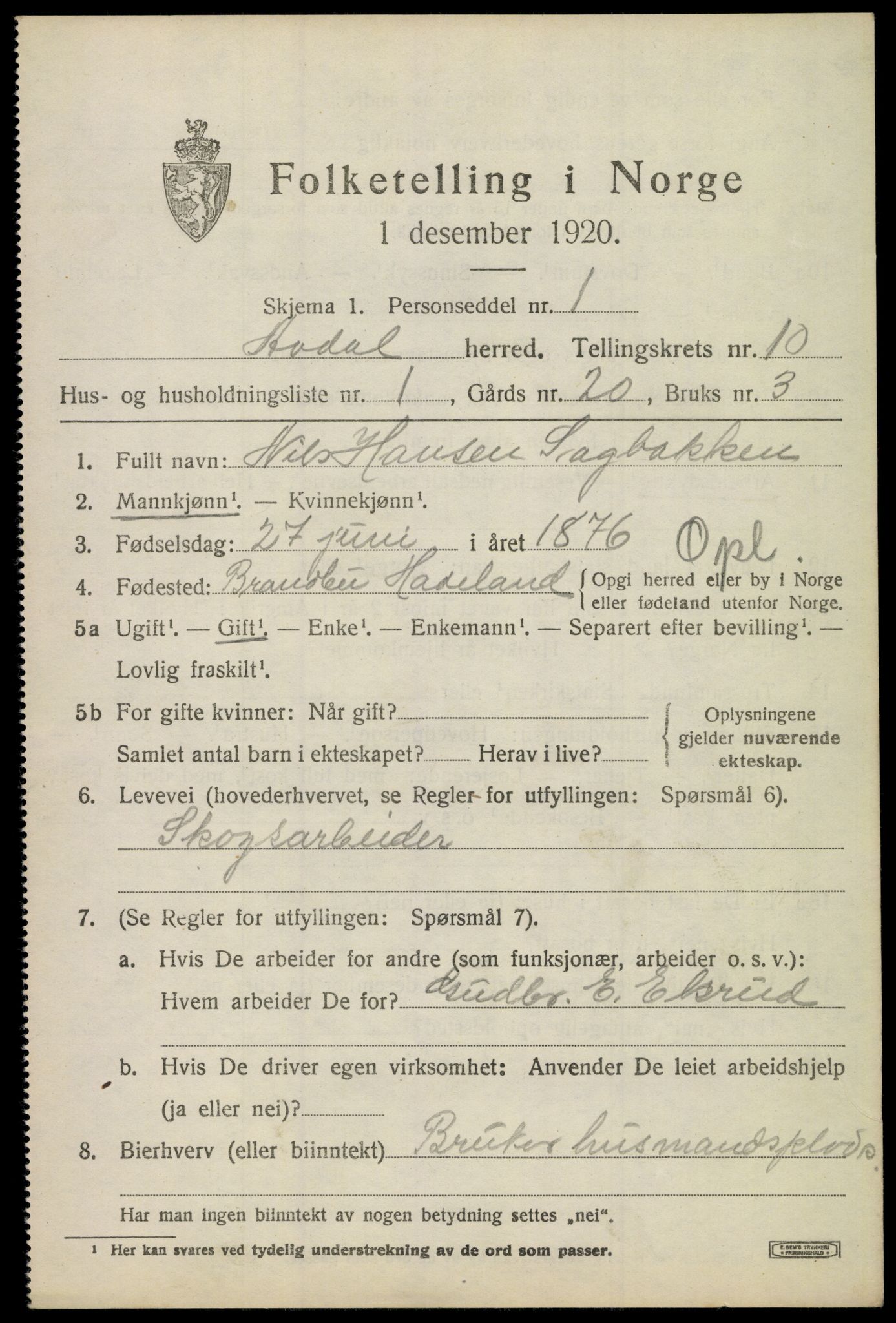 SAKO, 1920 census for Ådal, 1920, p. 6530