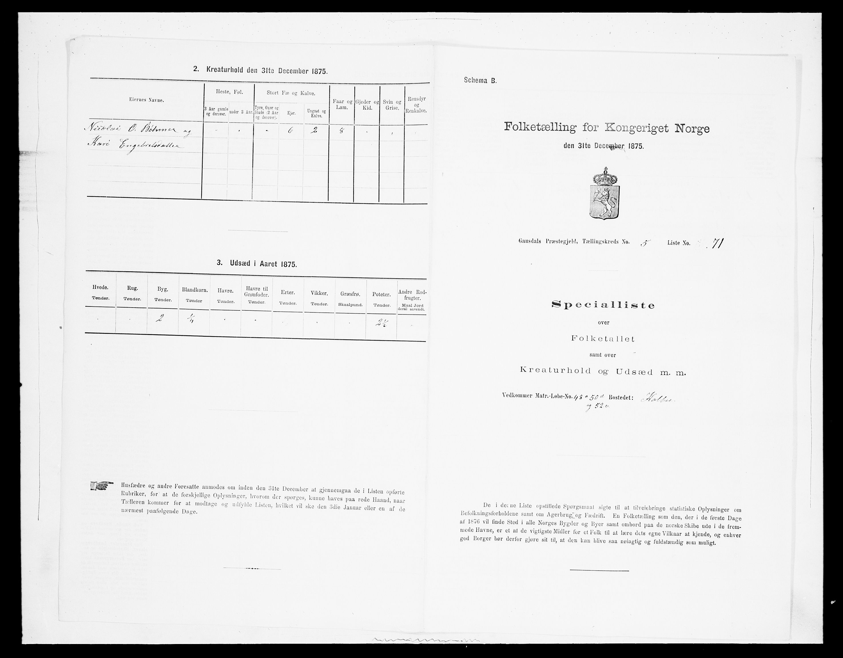 SAH, 1875 census for 0522P Gausdal, 1875, p. 1020