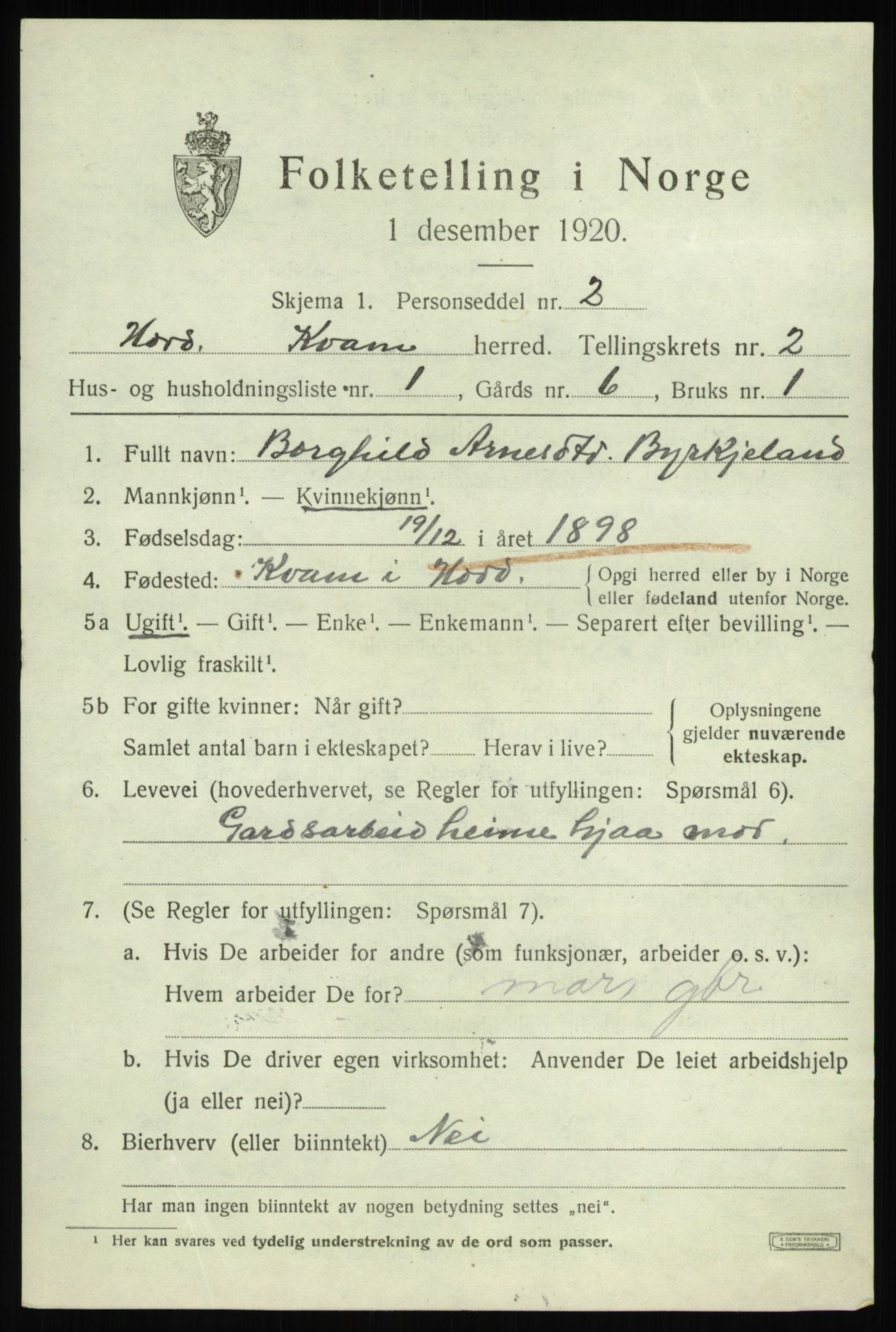 SAB, 1920 census for Kvam, 1920, p. 1789