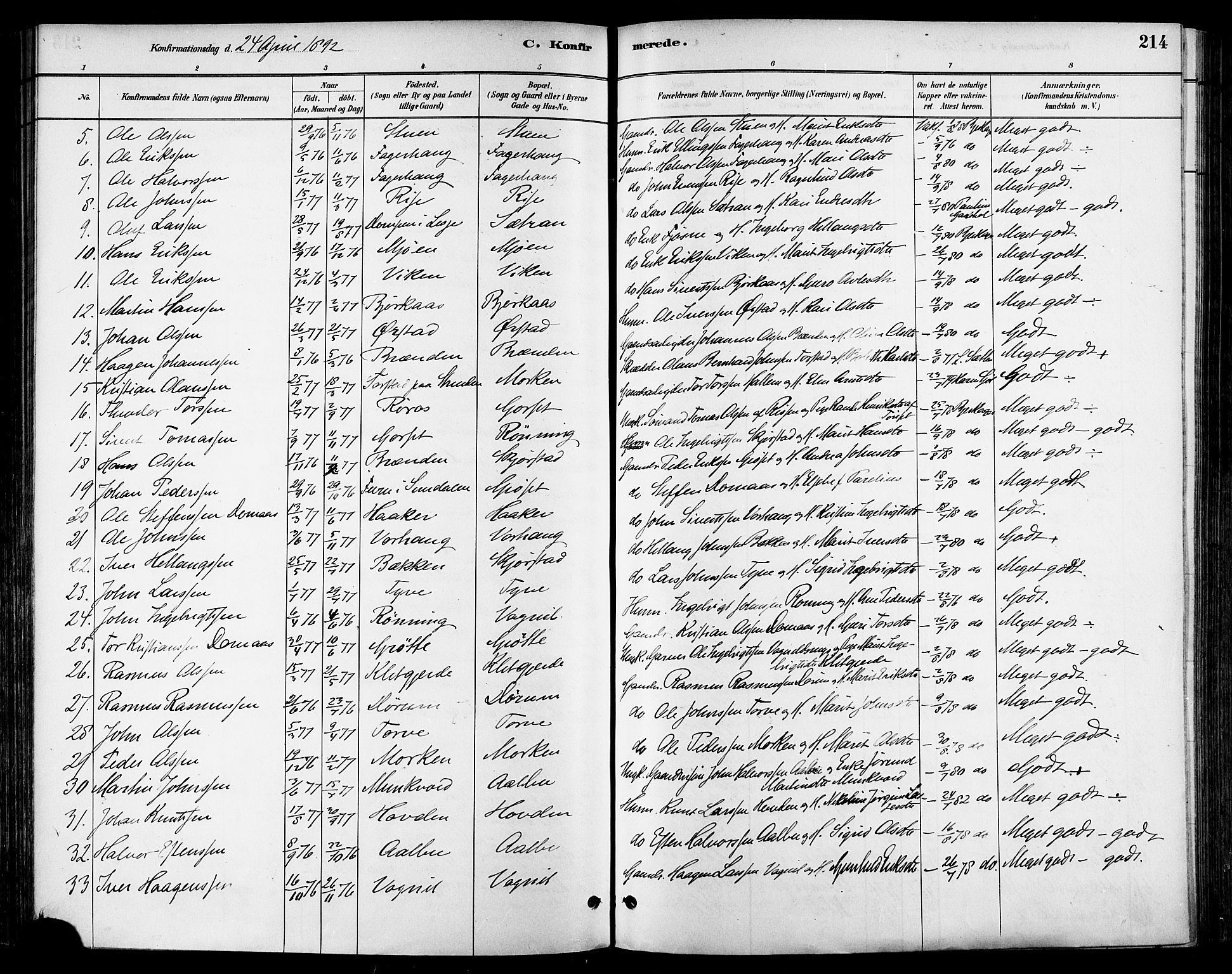 Ministerialprotokoller, klokkerbøker og fødselsregistre - Sør-Trøndelag, AV/SAT-A-1456/678/L0901: Parish register (official) no. 678A10, 1881-1894, p. 214