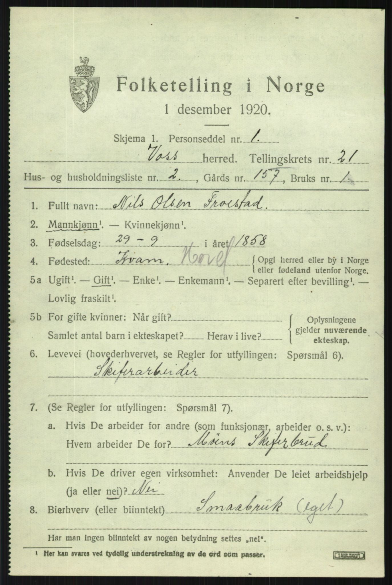 SAB, 1920 census for Voss, 1920, p. 14903