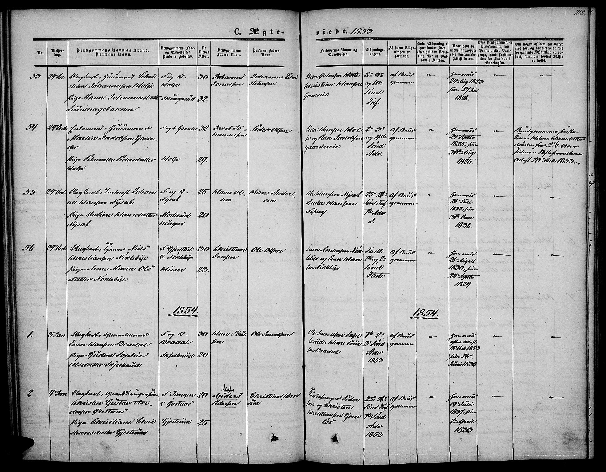 Vestre Toten prestekontor, SAH/PREST-108/H/Ha/Haa/L0005: Parish register (official) no. 5, 1850-1855, p. 218