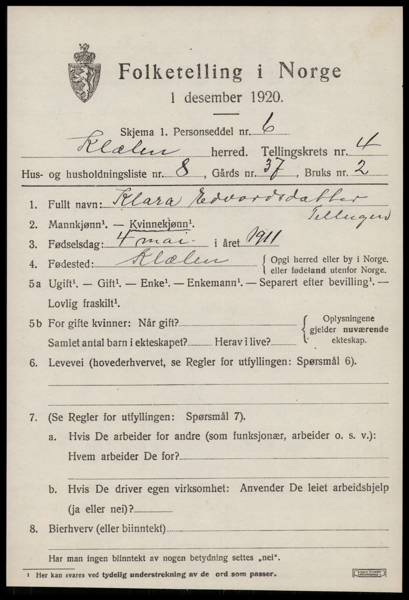 SAT, 1920 census for Klæbu, 1920, p. 2162