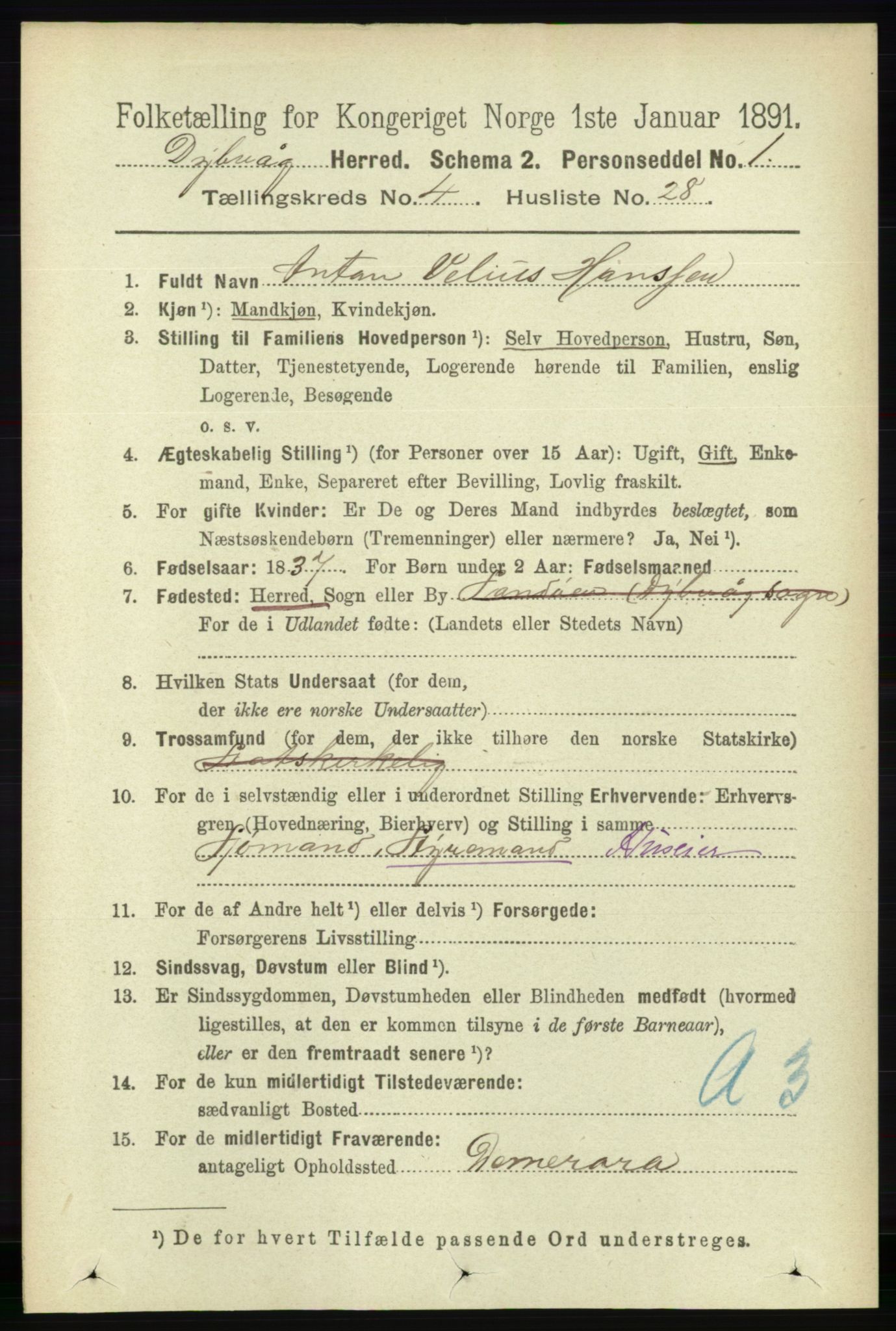 RA, 1891 census for 0915 Dypvåg, 1891, p. 1189