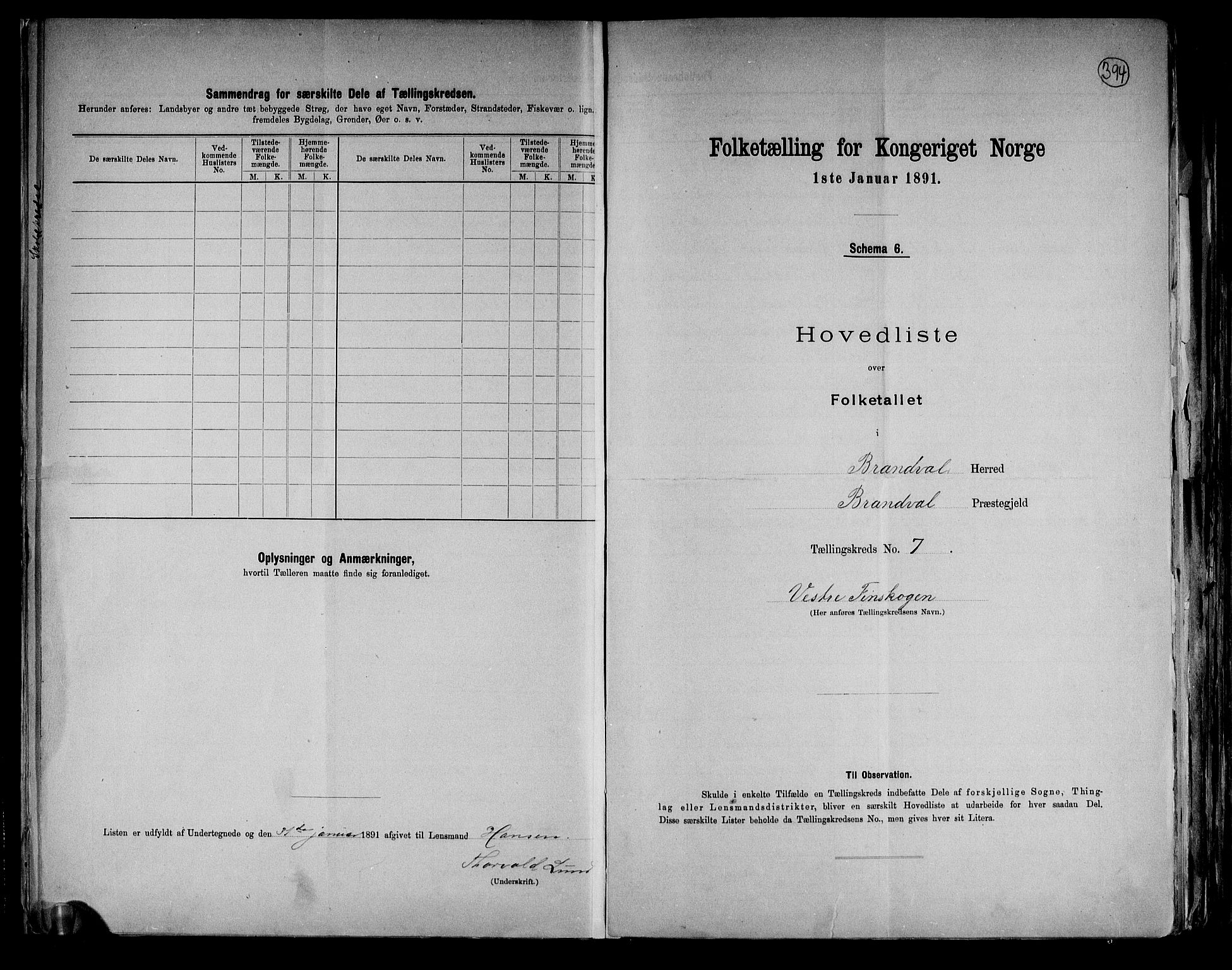 RA, 1891 census for 0422 Brandval, 1891, p. 16