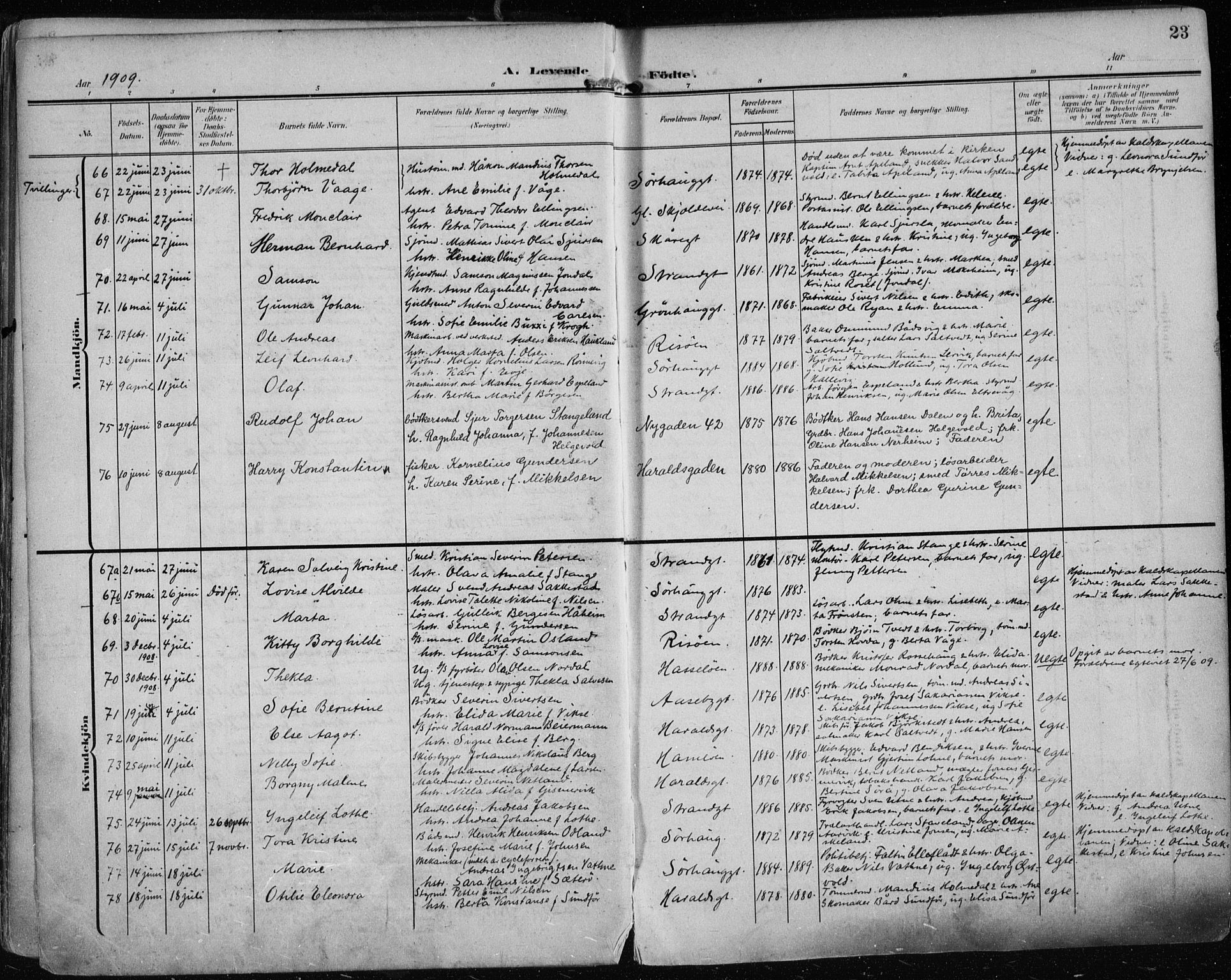 Haugesund sokneprestkontor, AV/SAST-A -101863/H/Ha/Haa/L0008: Parish register (official) no. A 8, 1908-1921, p. 23