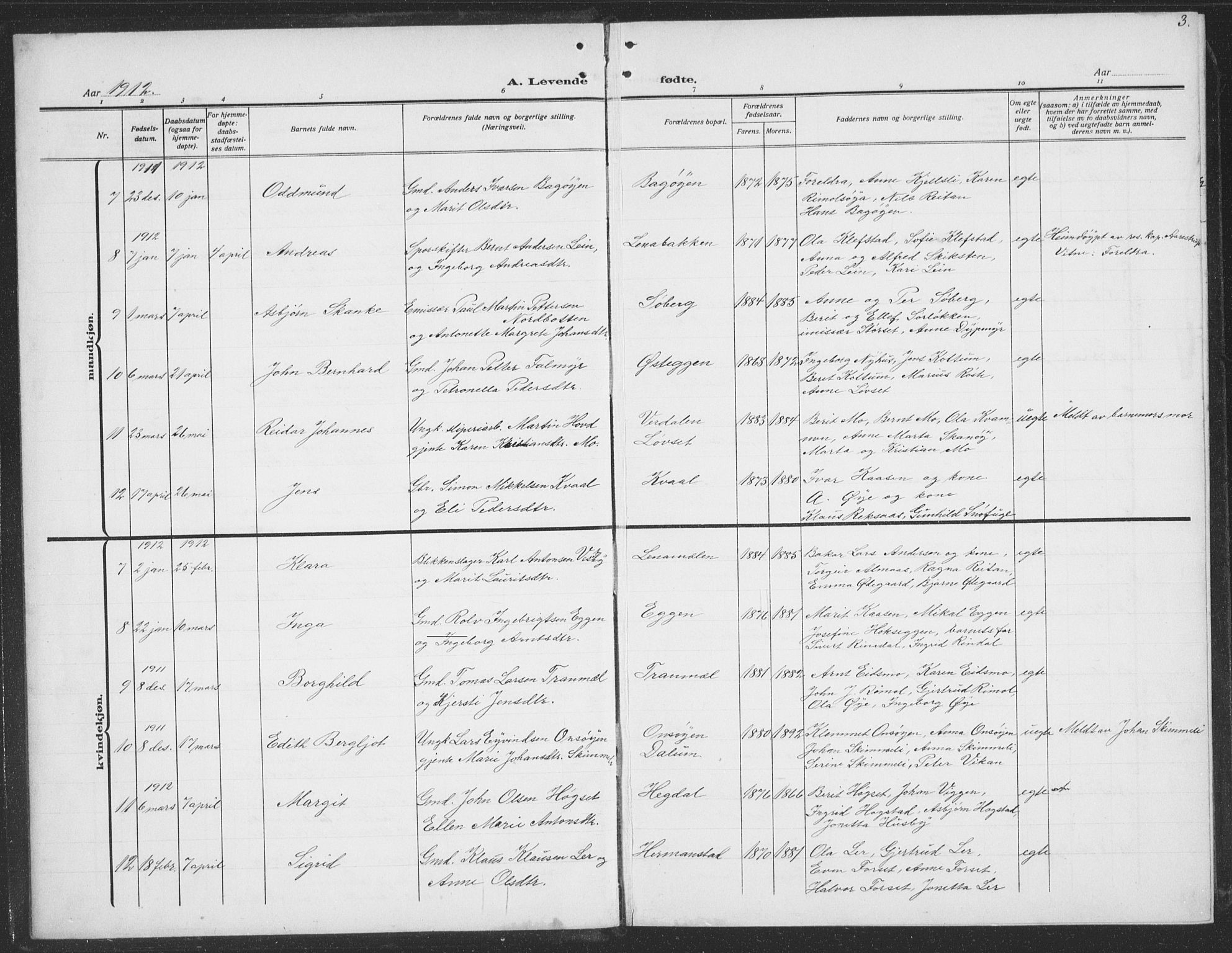 Ministerialprotokoller, klokkerbøker og fødselsregistre - Sør-Trøndelag, AV/SAT-A-1456/691/L1095: Parish register (copy) no. 691C06, 1912-1933, p. 3