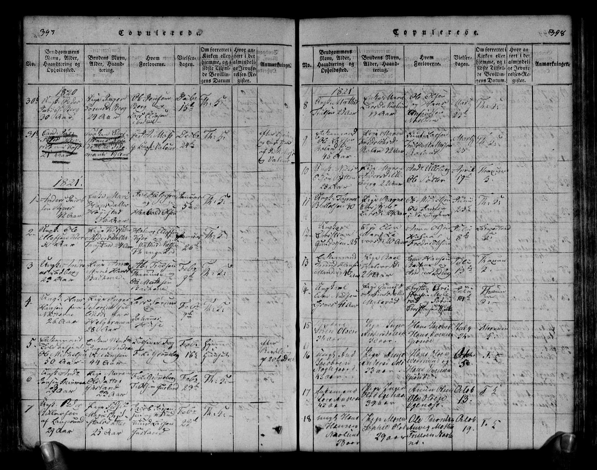 Brunlanes kirkebøker, AV/SAKO-A-342/G/Ga/L0001: Parish register (copy) no. I 1, 1814-1834, p. 397-398