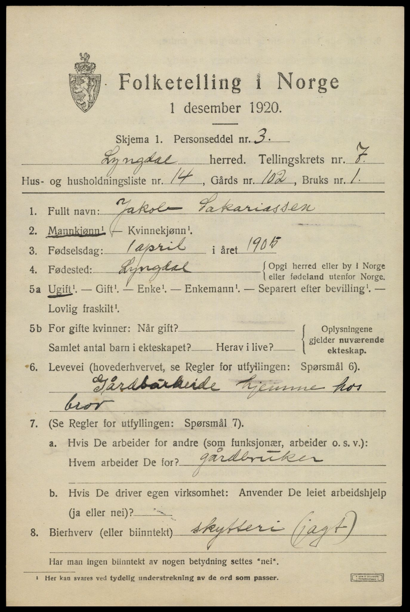 SAK, 1920 census for Lyngdal, 1920, p. 3975