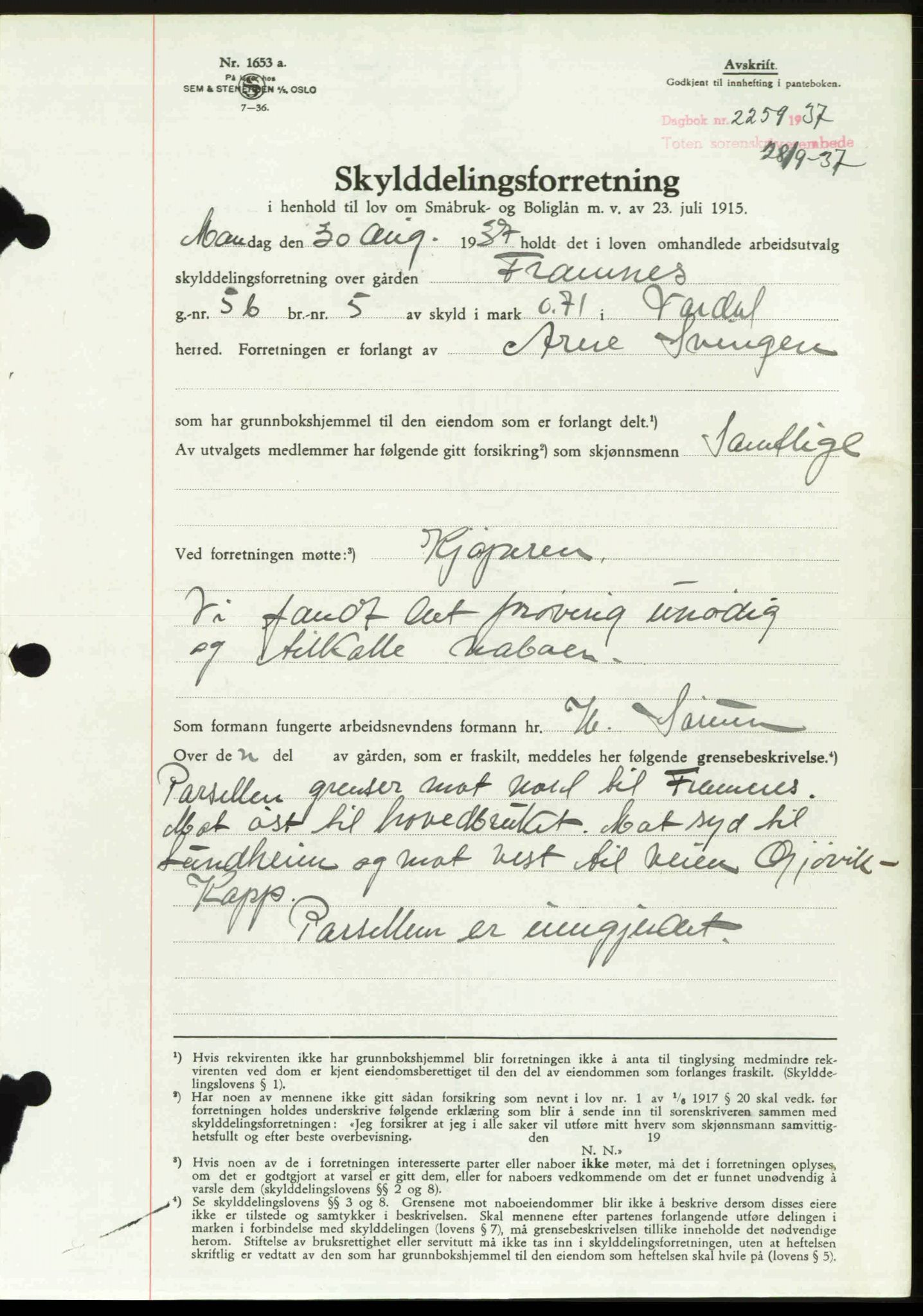 Toten tingrett, SAH/TING-006/H/Hb/Hbc/L0003: Mortgage book no. Hbc-03, 1937-1938, Diary no: : 2259/1937