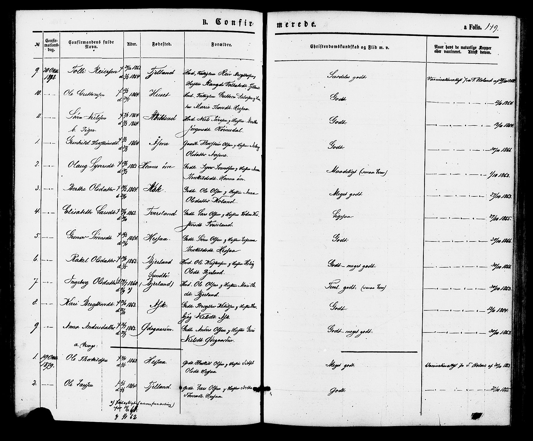 Bjelland sokneprestkontor, SAK/1111-0005/F/Fa/Faa/L0003: Parish register (official) no. A 3, 1867-1887, p. 149