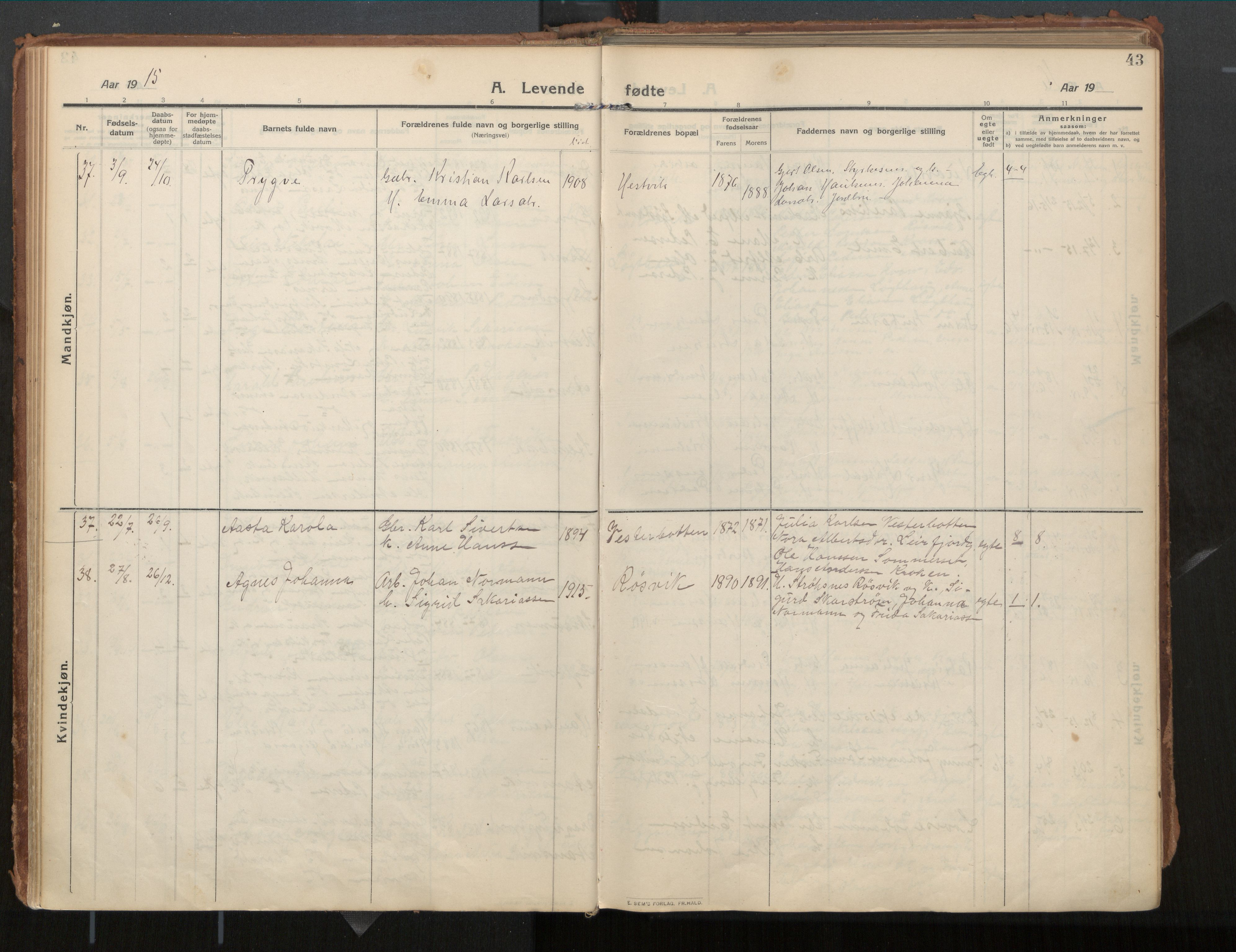 Ministerialprotokoller, klokkerbøker og fødselsregistre - Nordland, AV/SAT-A-1459/854/L0784: Parish register (official) no. 854A07, 1910-1922, p. 43