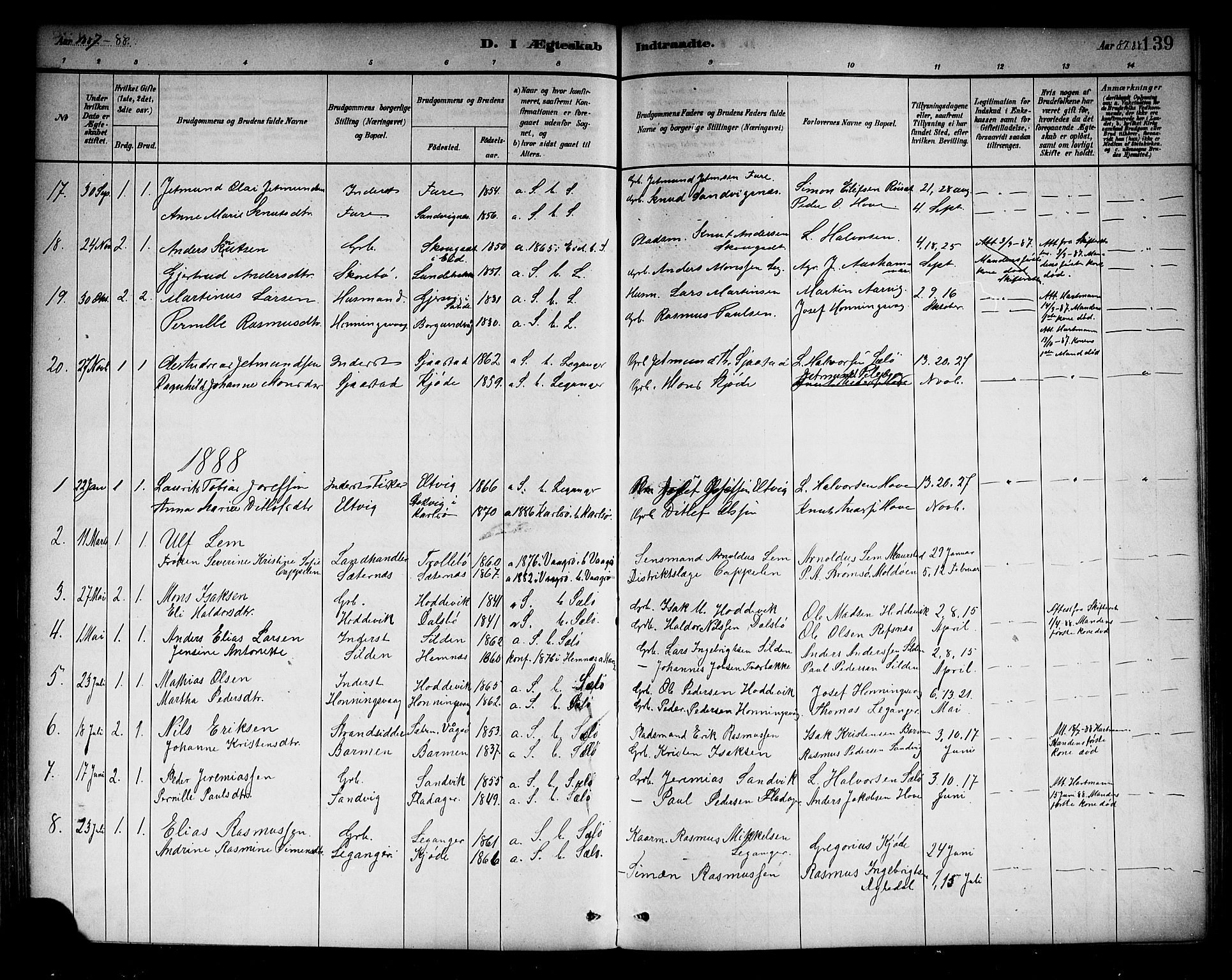 Selje sokneprestembete, SAB/A-99938/H/Ha/Haa/Haab: Parish register (official) no. B 1, 1881-1890, p. 139