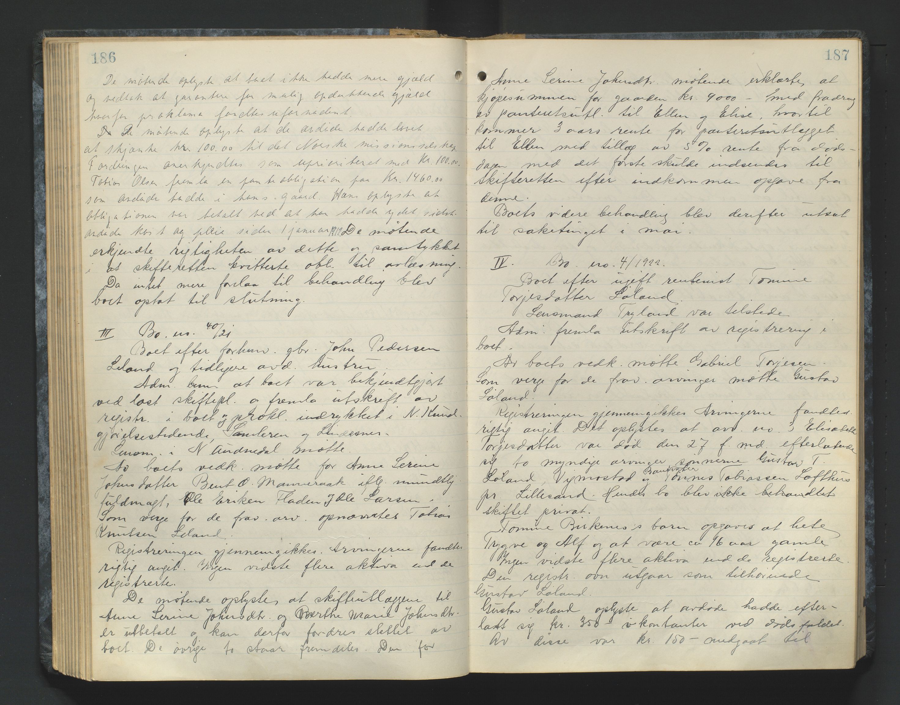 Mandal sorenskriveri, AV/SAK-1221-0005/001/H/Hc/L0084: Skifteforhandlingsprotokoll nr 16, 1921-1924, p. 186-187