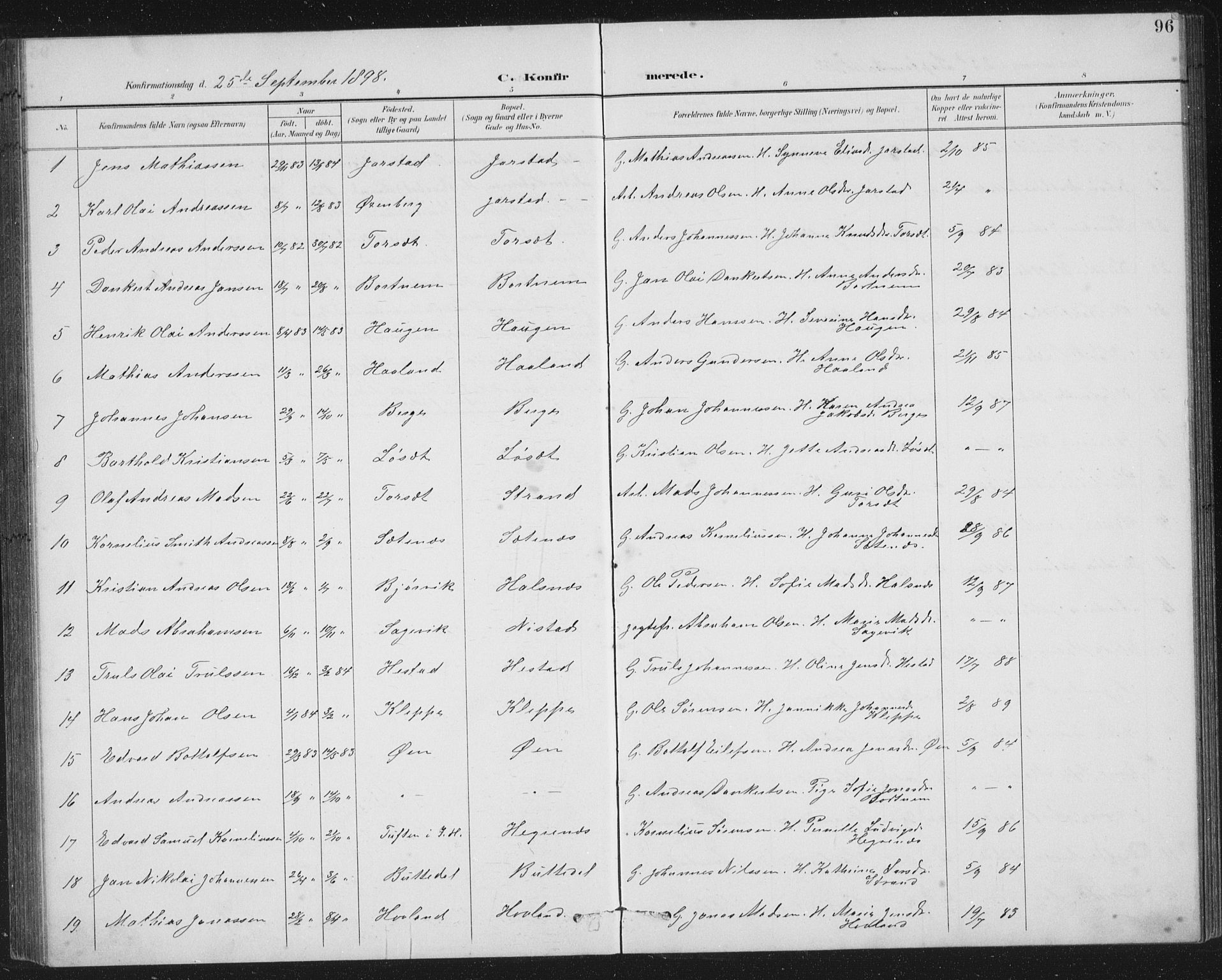 Fjaler sokneprestembete, SAB/A-79801/H/Hab/Habc/L0003: Parish register (copy) no. C 3, 1894-1917, p. 96