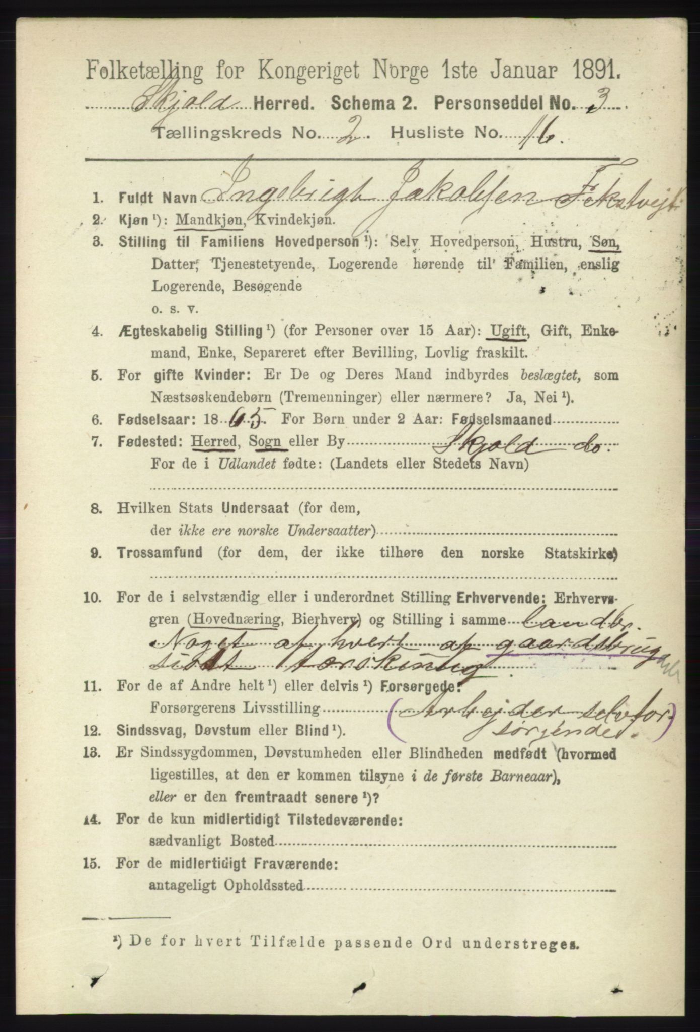 RA, 1891 census for 1154 Skjold, 1891, p. 354