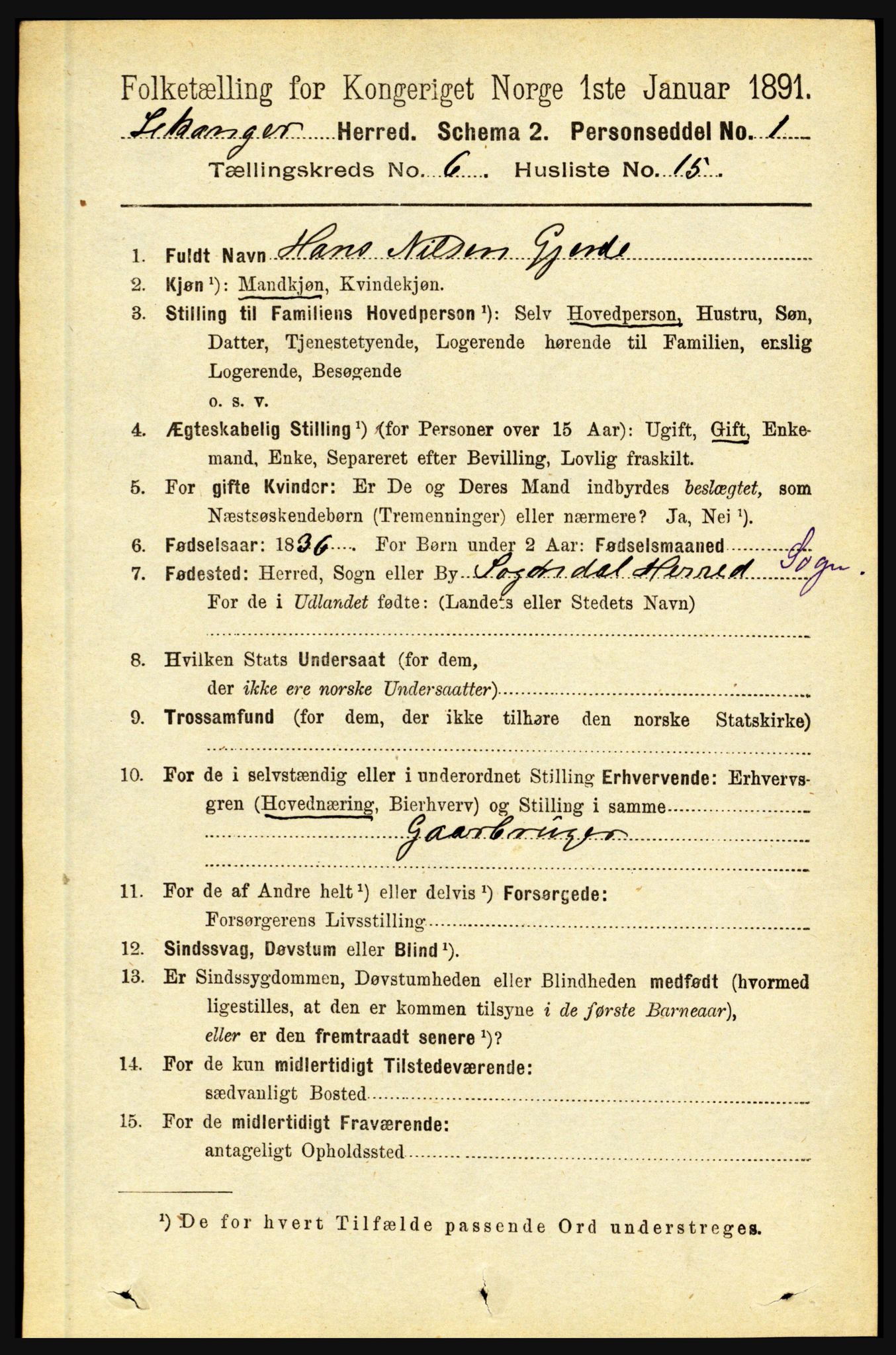 RA, 1891 census for 1419 Leikanger, 1891, p. 1202