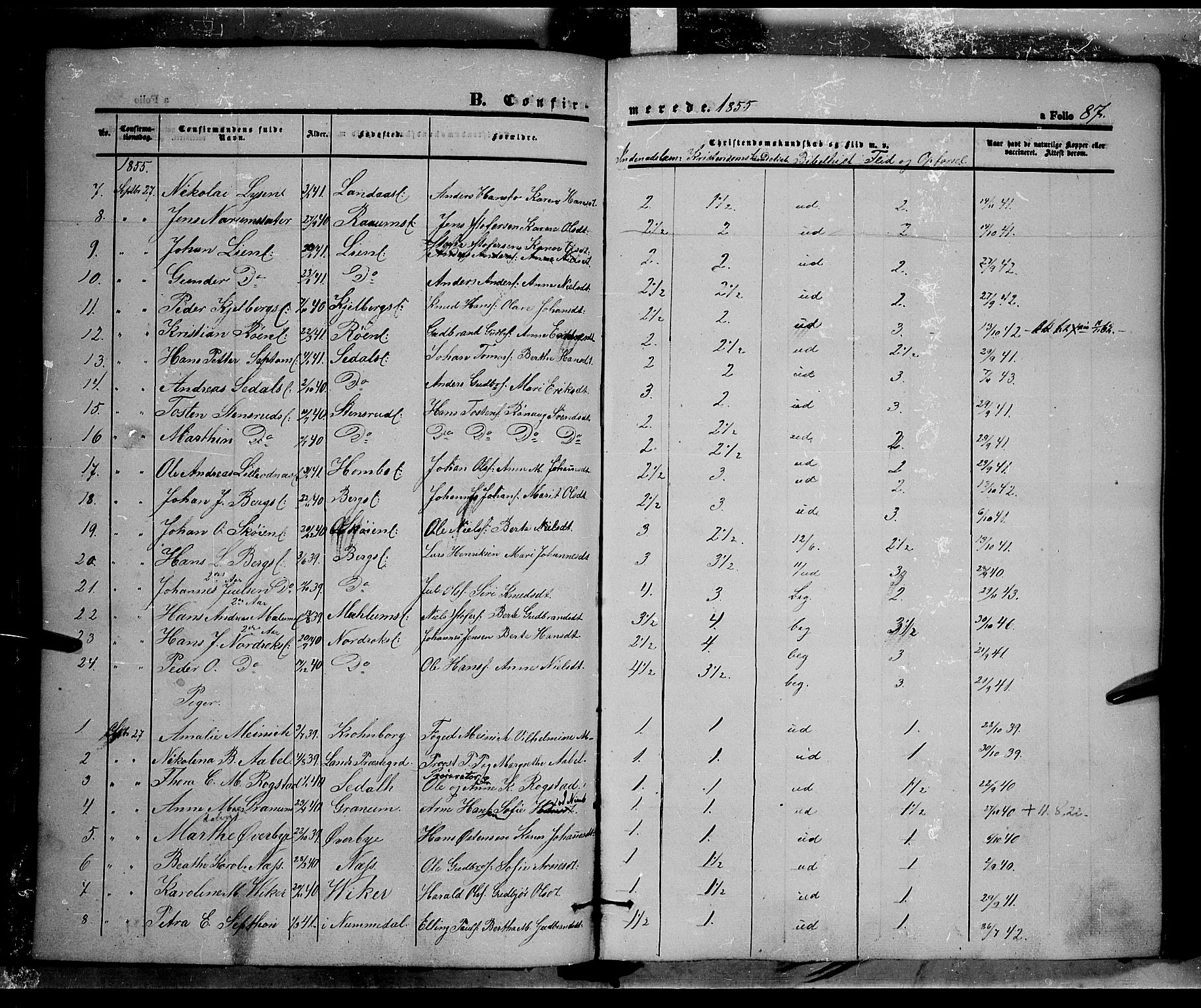 Land prestekontor, SAH/PREST-120/H/Ha/Haa/L0009: Parish register (official) no. 9, 1847-1859, p. 87