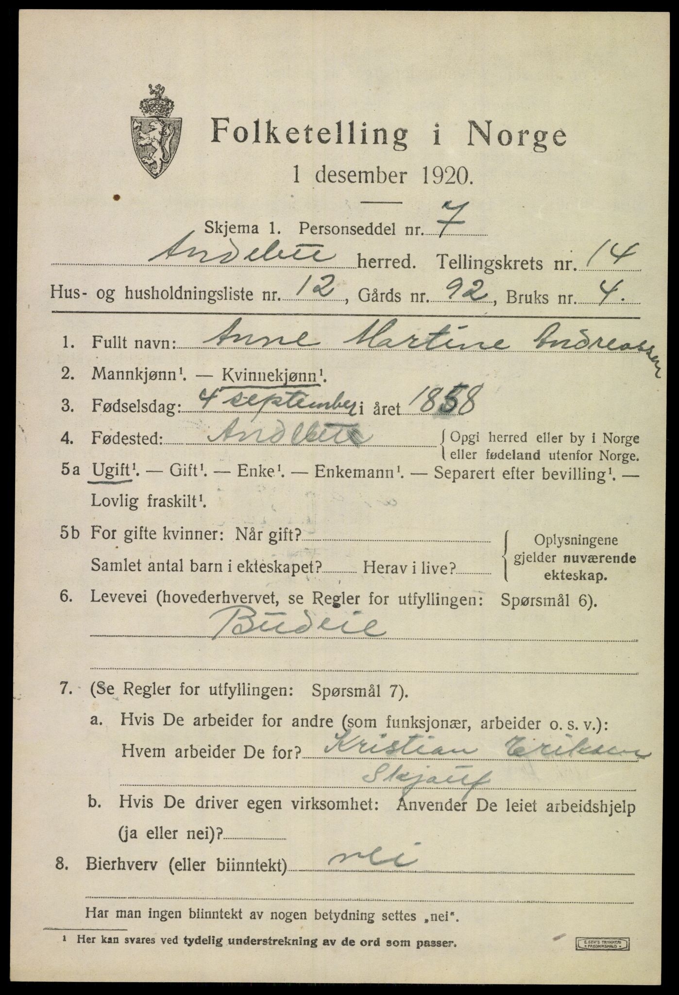 SAKO, 1920 census for Andebu, 1920, p. 5214