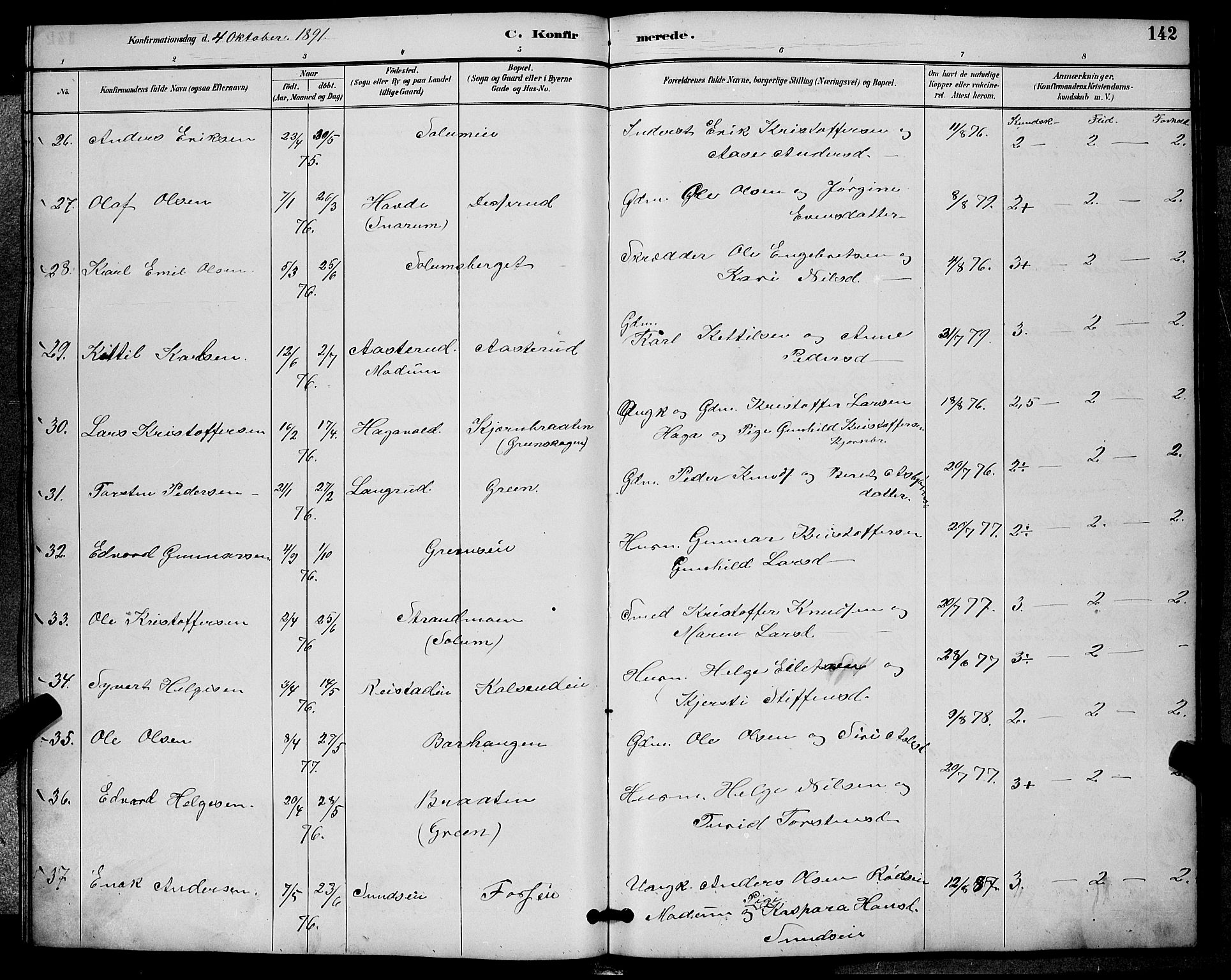 Sigdal kirkebøker, AV/SAKO-A-245/G/Ga/L0005: Parish register (copy) no. I 5, 1886-1900, p. 142