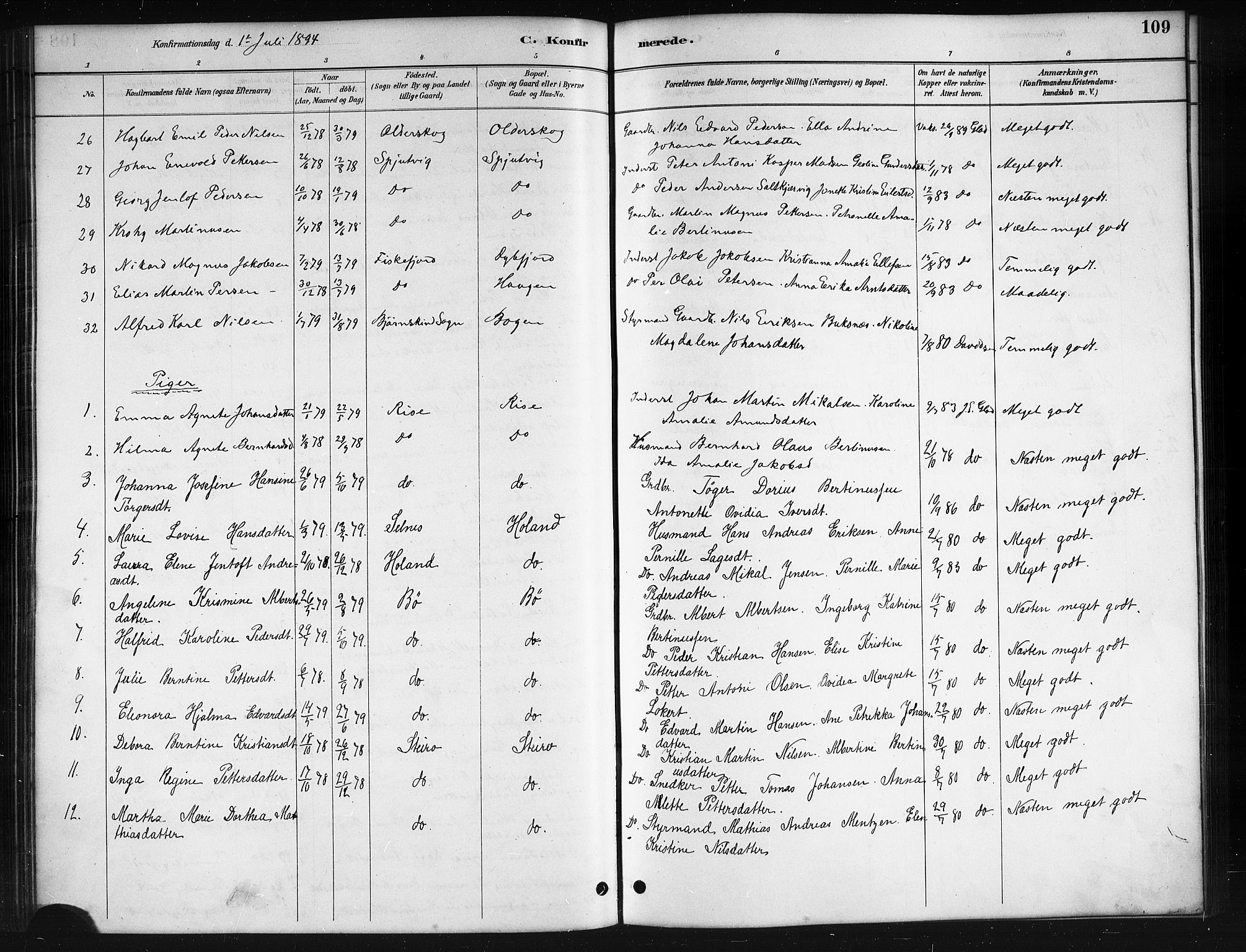 Ministerialprotokoller, klokkerbøker og fødselsregistre - Nordland, AV/SAT-A-1459/895/L1382: Parish register (copy) no. 895C04, 1885-1896, p. 109