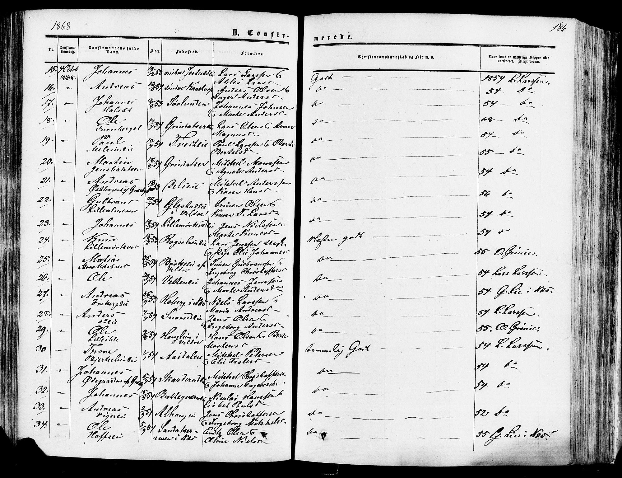 Vang prestekontor, Hedmark, AV/SAH-PREST-008/H/Ha/Haa/L0013: Parish register (official) no. 13, 1855-1879, p. 186