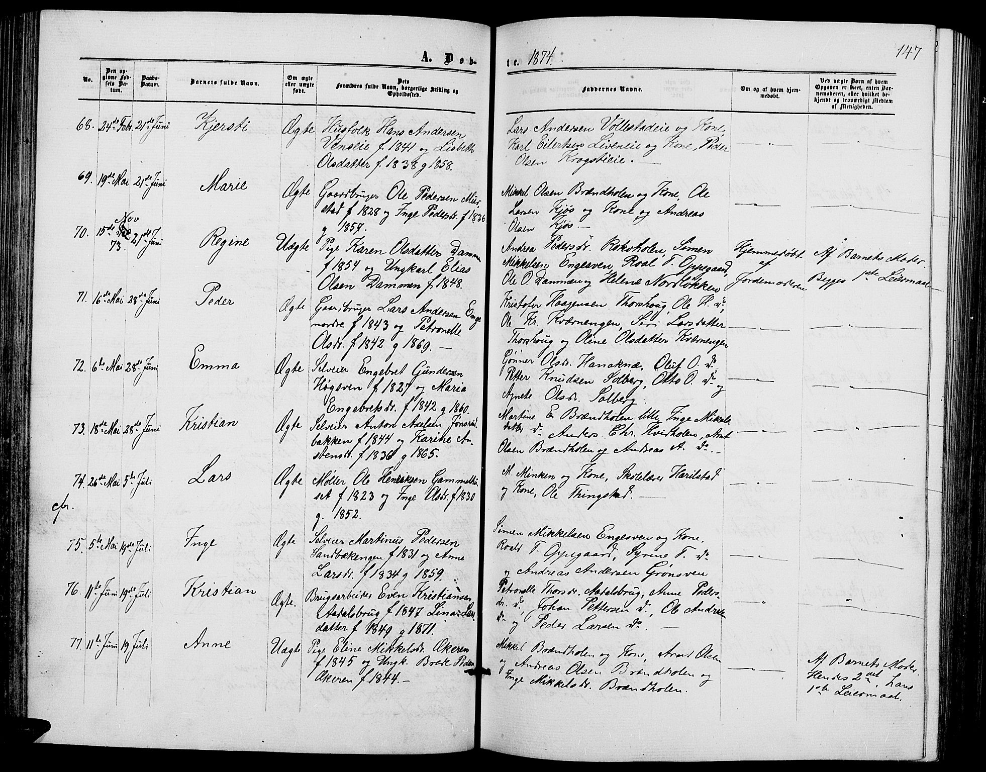 Løten prestekontor, AV/SAH-PREST-022/L/La/L0004: Parish register (copy) no. 4, 1863-1877, p. 147