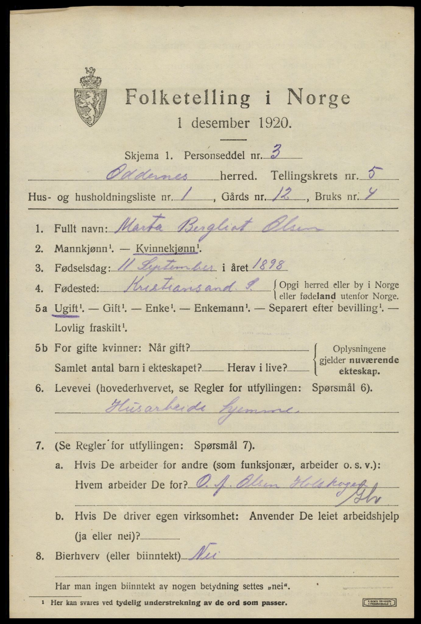 SAK, 1920 census for Oddernes, 1920, p. 4433