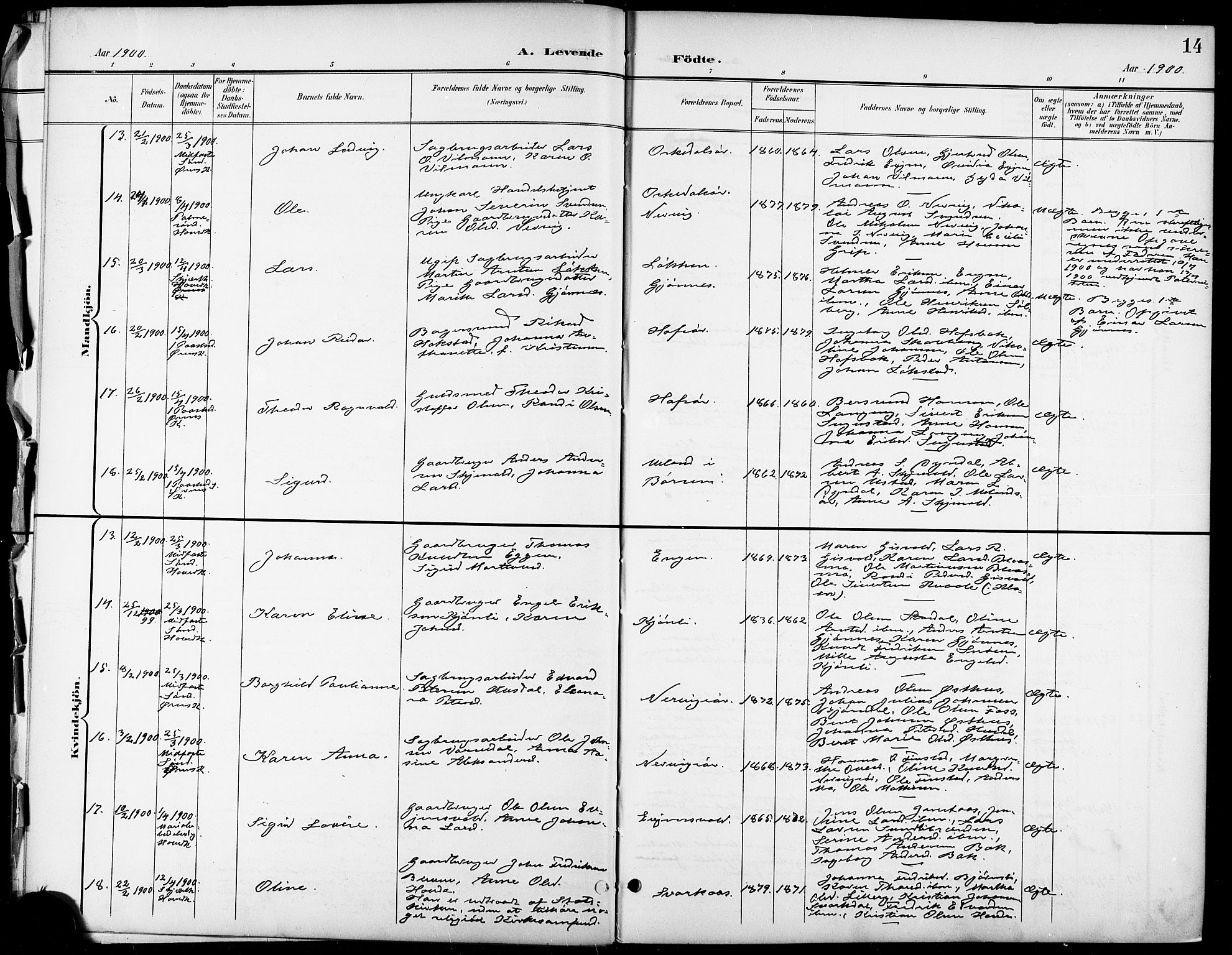 Ministerialprotokoller, klokkerbøker og fødselsregistre - Sør-Trøndelag, SAT/A-1456/668/L0819: Parish register (copy) no. 668C08, 1899-1912, p. 14