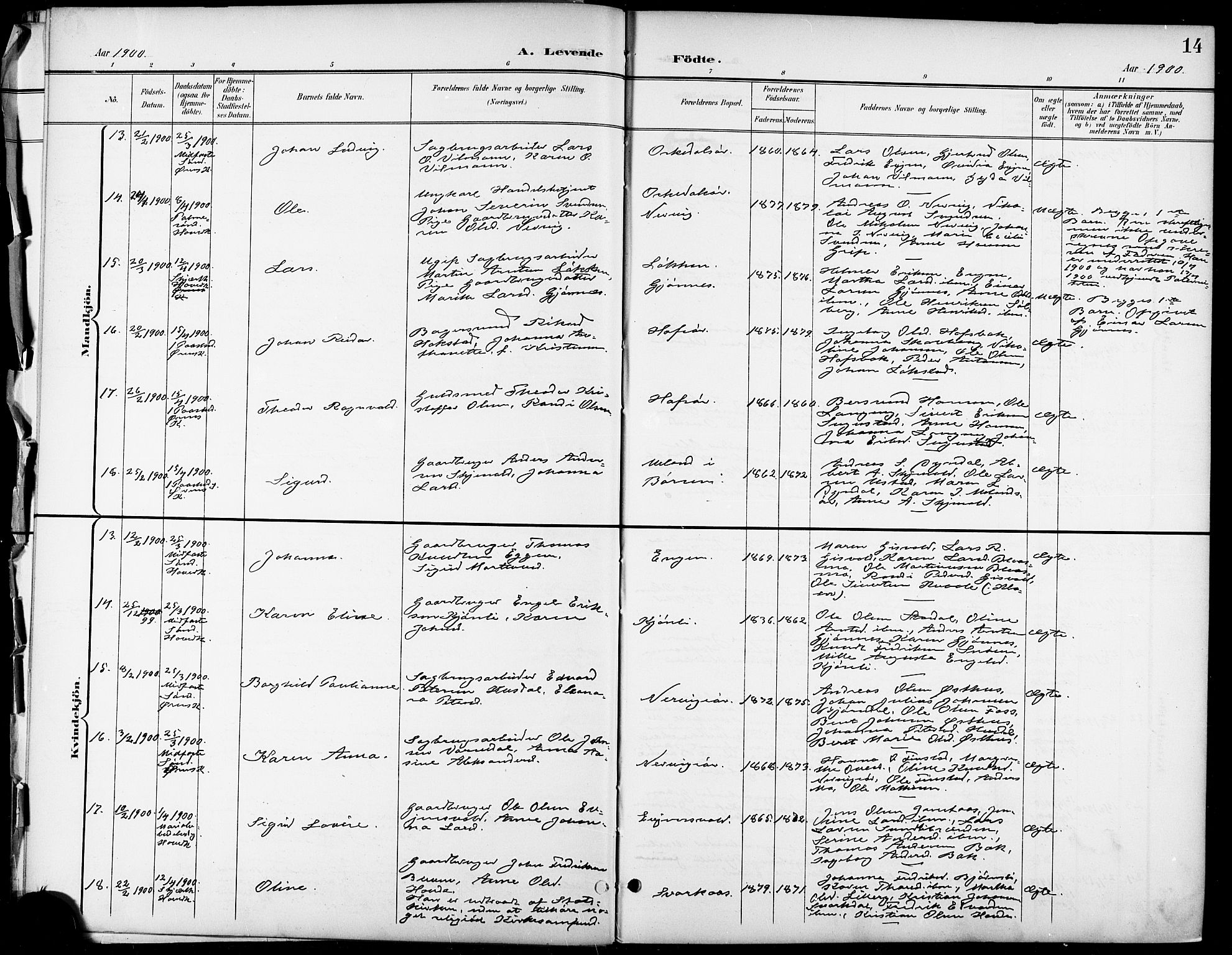 Ministerialprotokoller, klokkerbøker og fødselsregistre - Sør-Trøndelag, AV/SAT-A-1456/668/L0819: Parish register (copy) no. 668C08, 1899-1912, p. 14