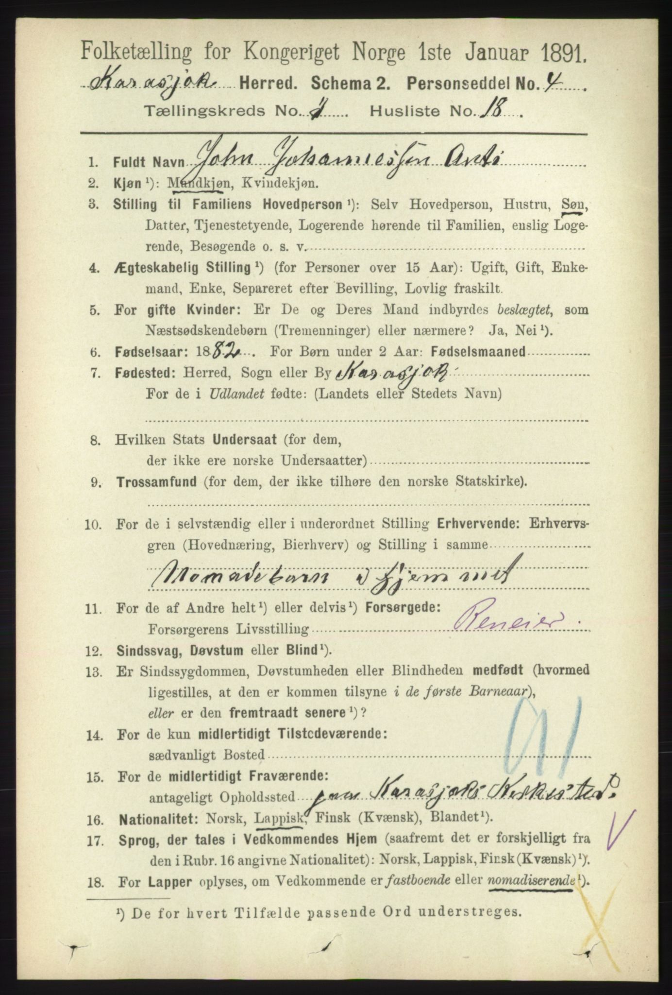 RA, 1891 census for 2021 Karasjok, 1891, p. 660