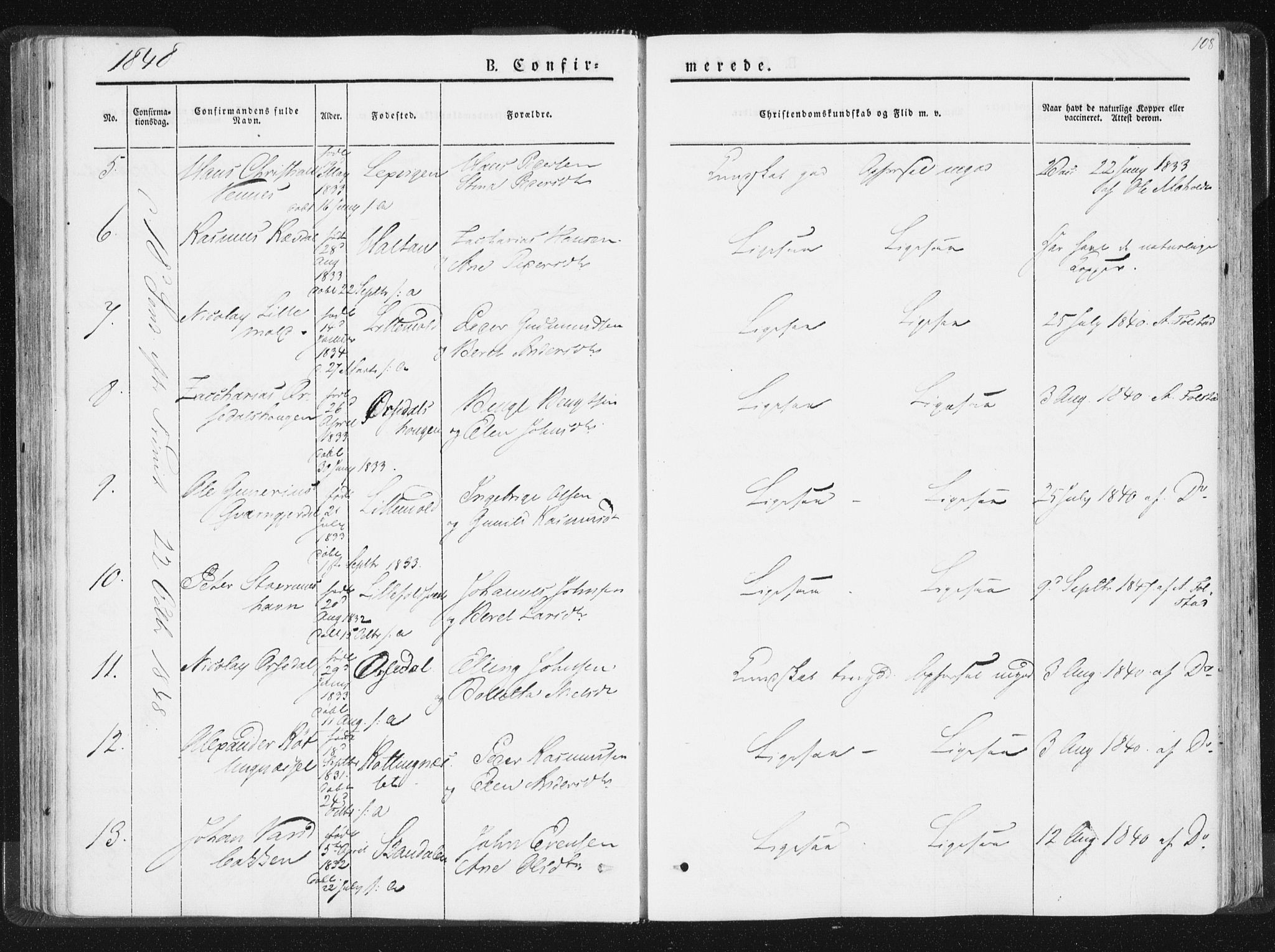 Ministerialprotokoller, klokkerbøker og fødselsregistre - Nord-Trøndelag, SAT/A-1458/744/L0418: Parish register (official) no. 744A02, 1843-1866, p. 108