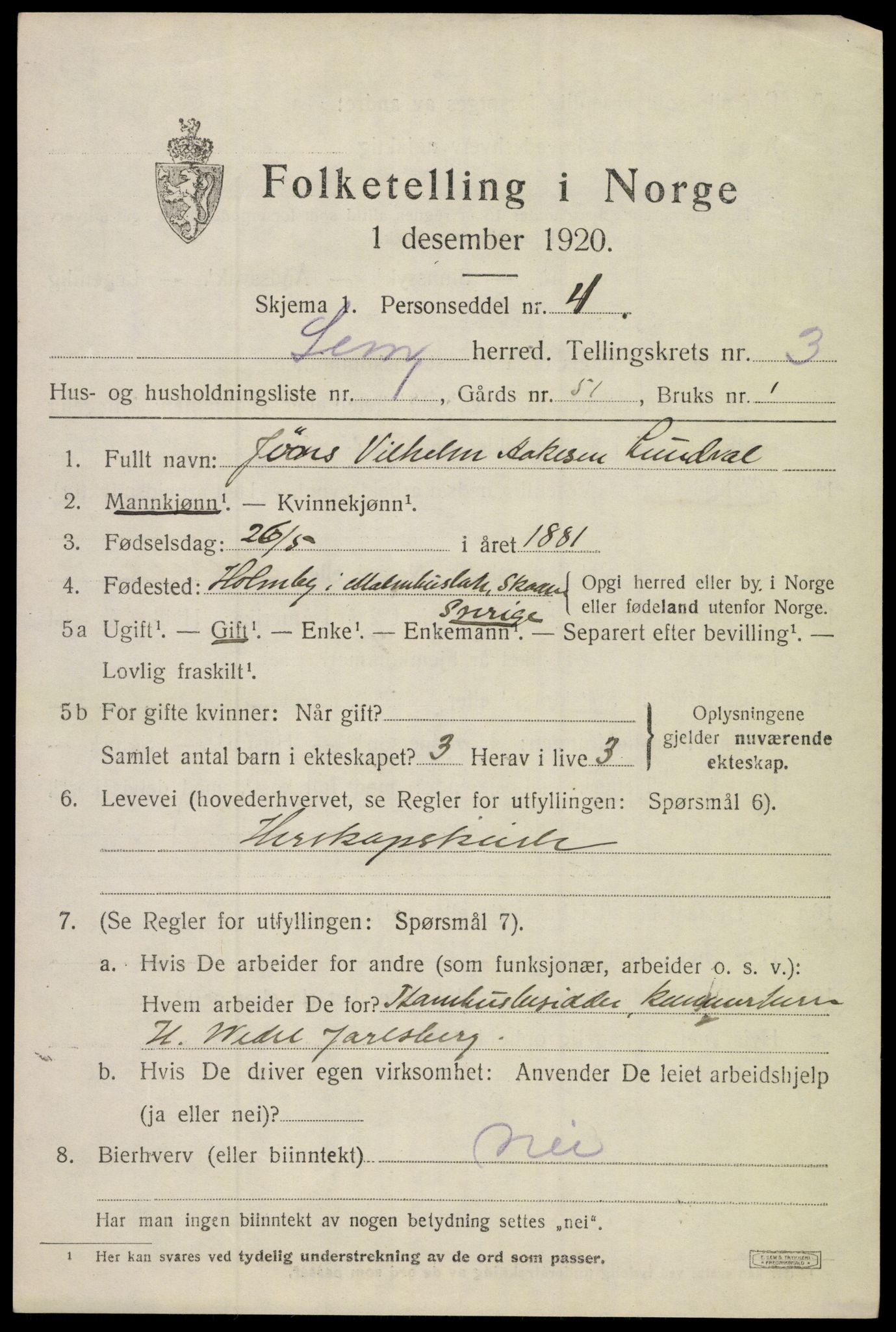 SAKO, 1920 census for Sem, 1920, p. 6319