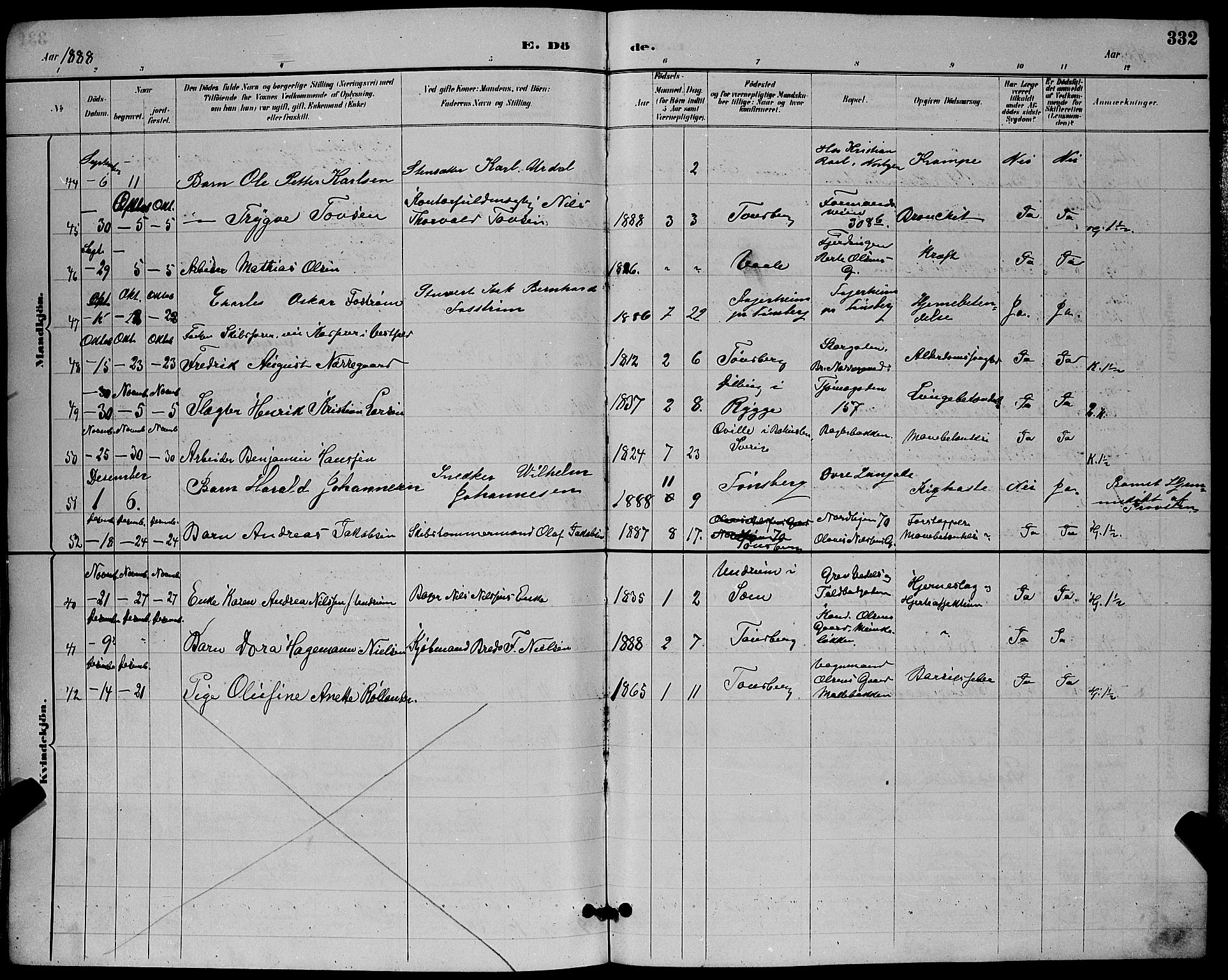 Tønsberg kirkebøker, AV/SAKO-A-330/G/Ga/L0006: Parish register (copy) no. 6, 1885-1895, p. 332